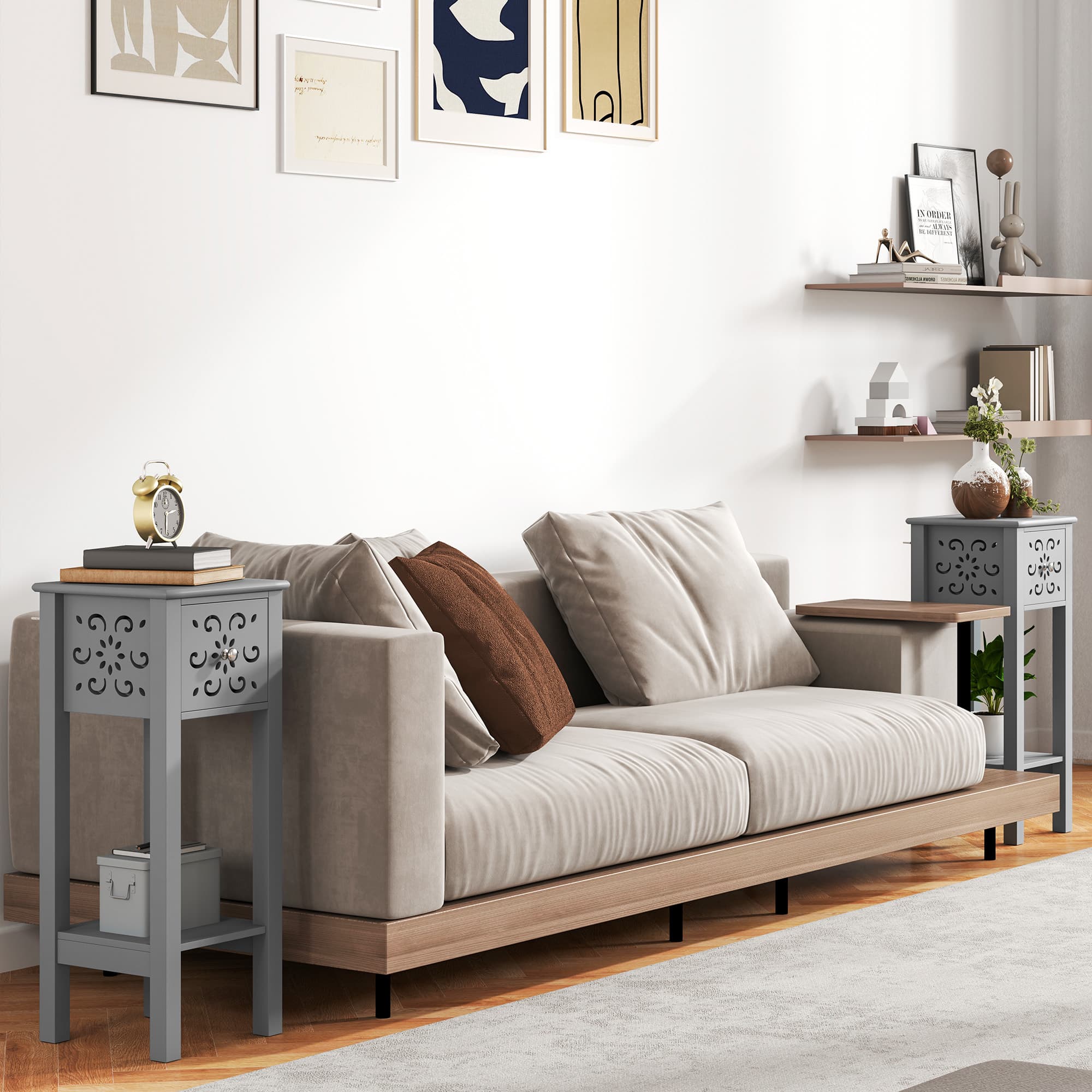 Two Grey Floral Side Tables with Drawer and Lower Shelf - image 3