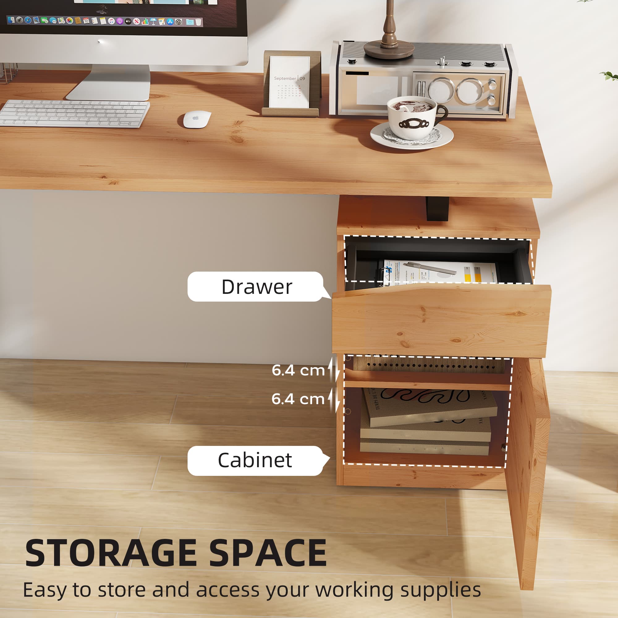 Industrial Natural Wood Computer Desk with Storage Cabinet - image 5