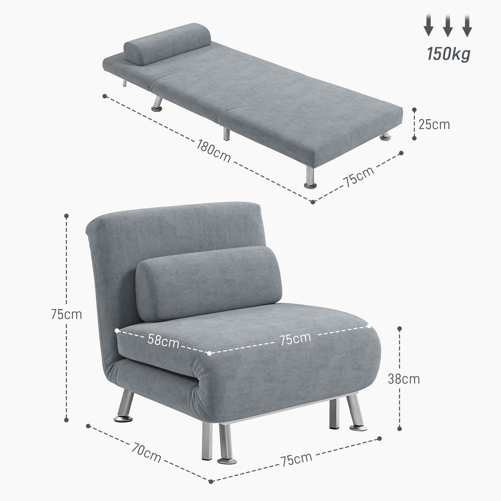 Single Velvet-Feel Sleeper Chair Bed - Grey 5-Position Recline - image 4