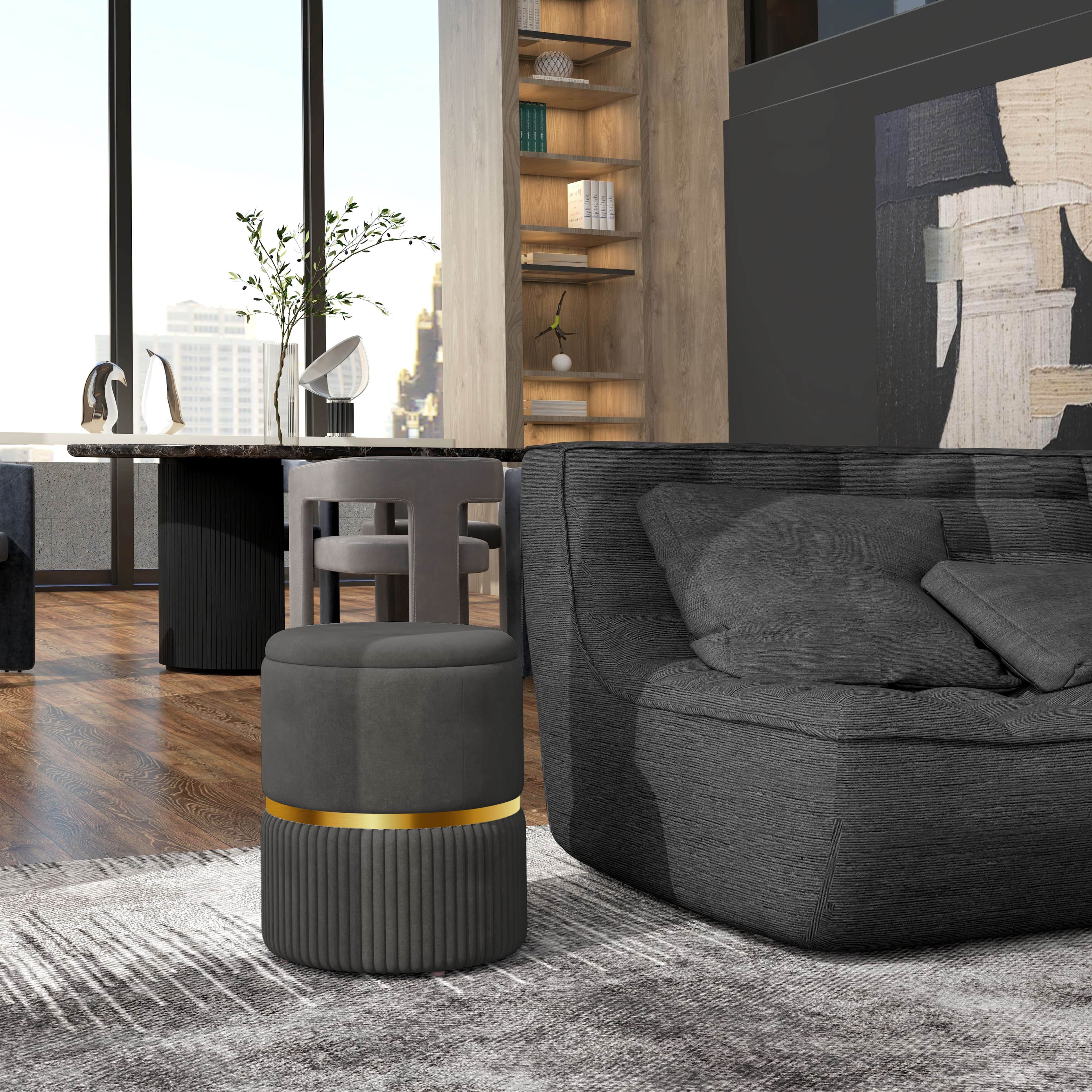 Grey Velvet Round Storage Ottoman with Gold Accent Ring - image 7