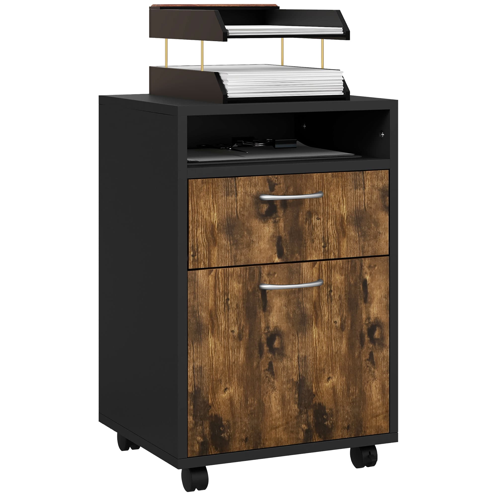 Mobile Filing Cabinet with Drawer, Open Shelf and Wheels - Rustic Brown