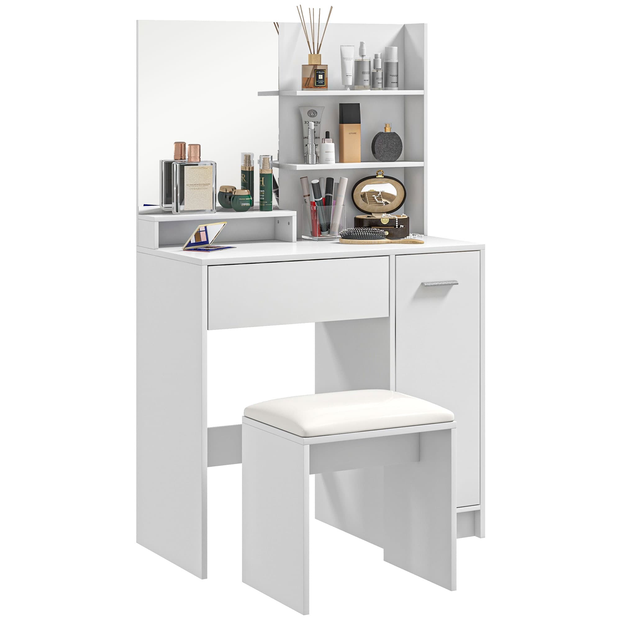 White Dressing Table Set – Mirror, Shelves, Drawer and Stool - White