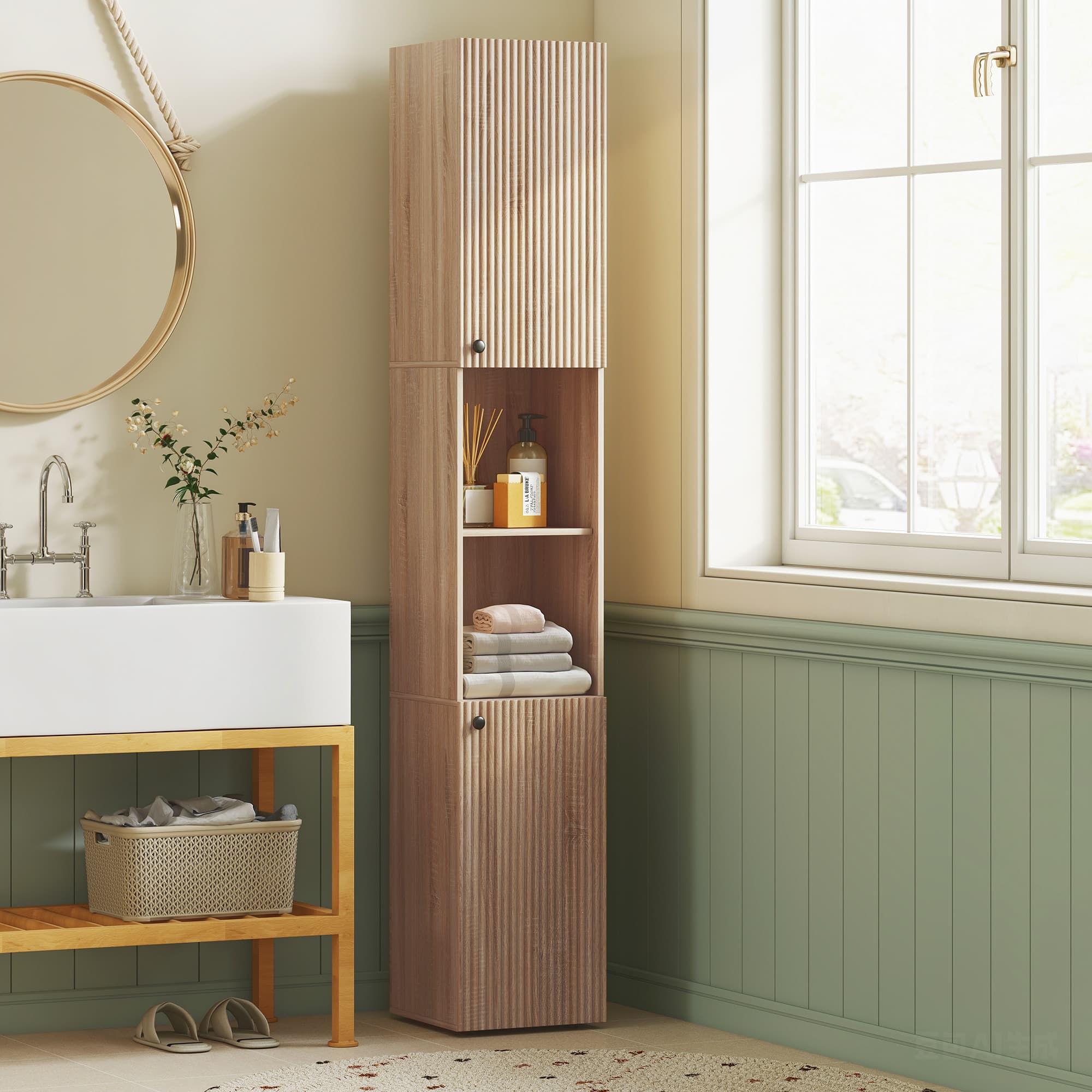 Slim Tall Bathroom Cabinet with Cupboards and Open Shelves - image 6