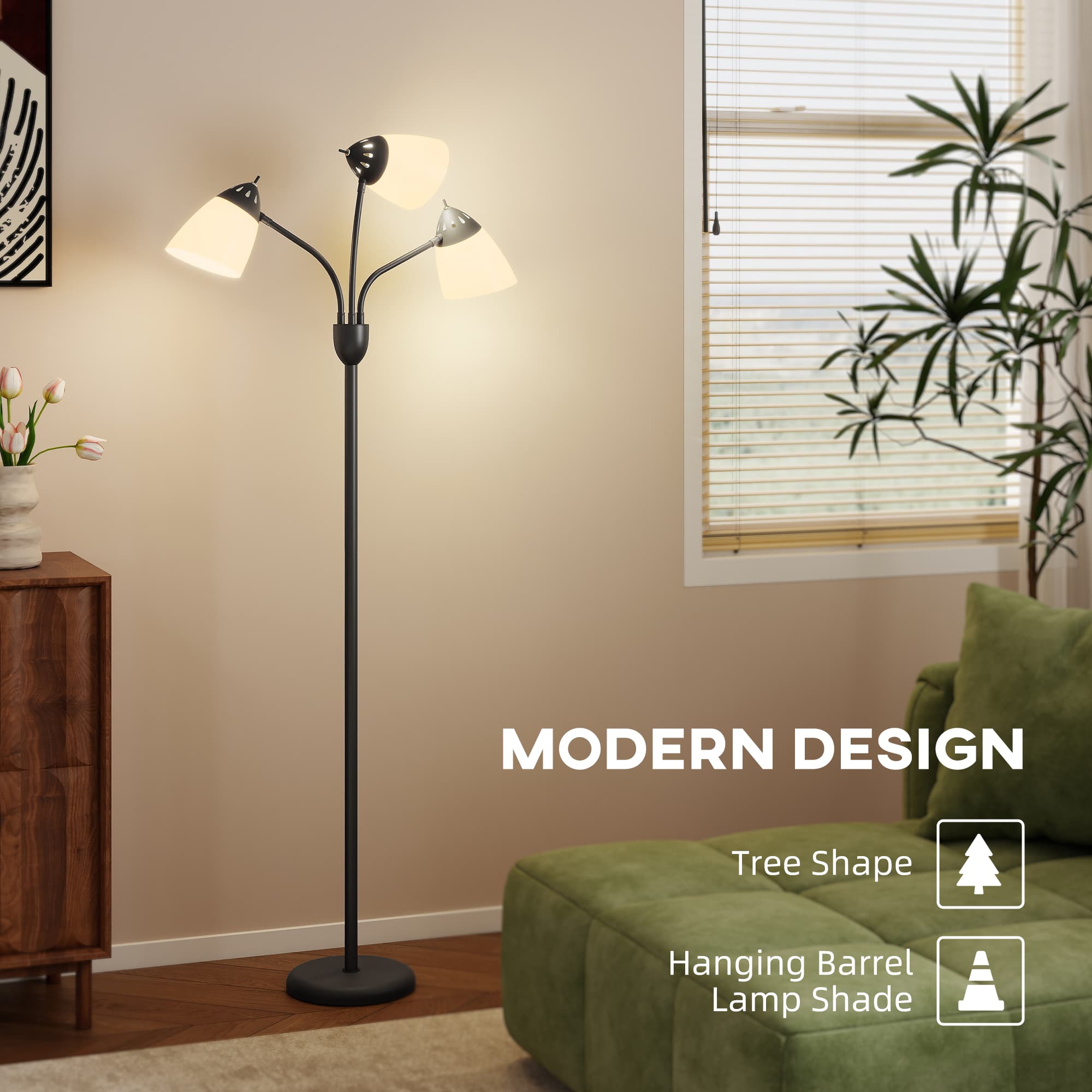 Black Tree Floor Lamp with Three Adjustable White Shades - image 4