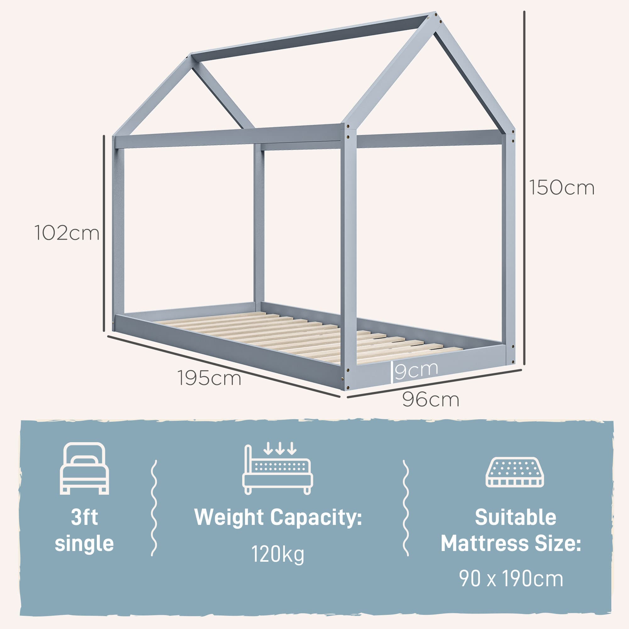 Grey Pine House Bed Frame — Single 90 x 190 cm - image 3