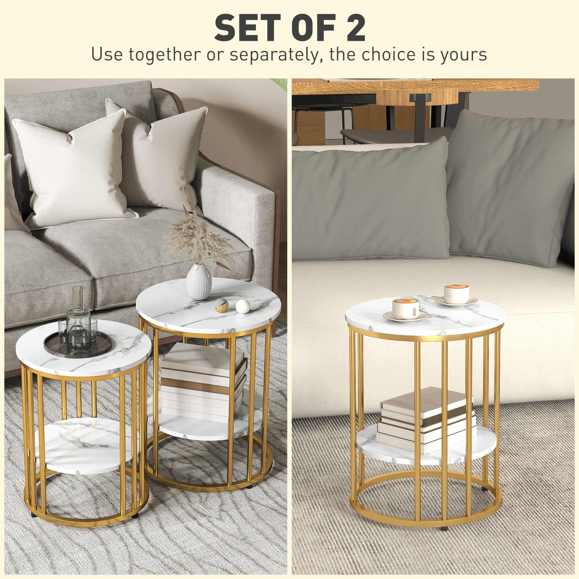 Two marble-topped tables with gold cage frames, sold together - image 2