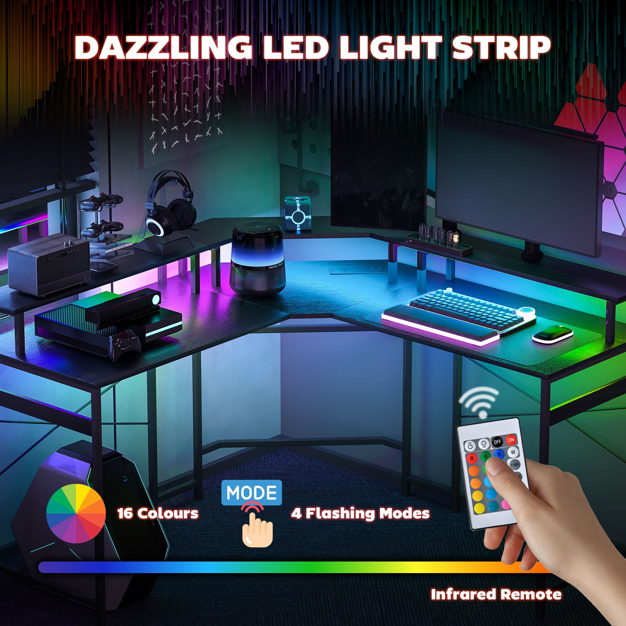 Large L-shaped desk with LED lighting and built-in power sockets - image 2