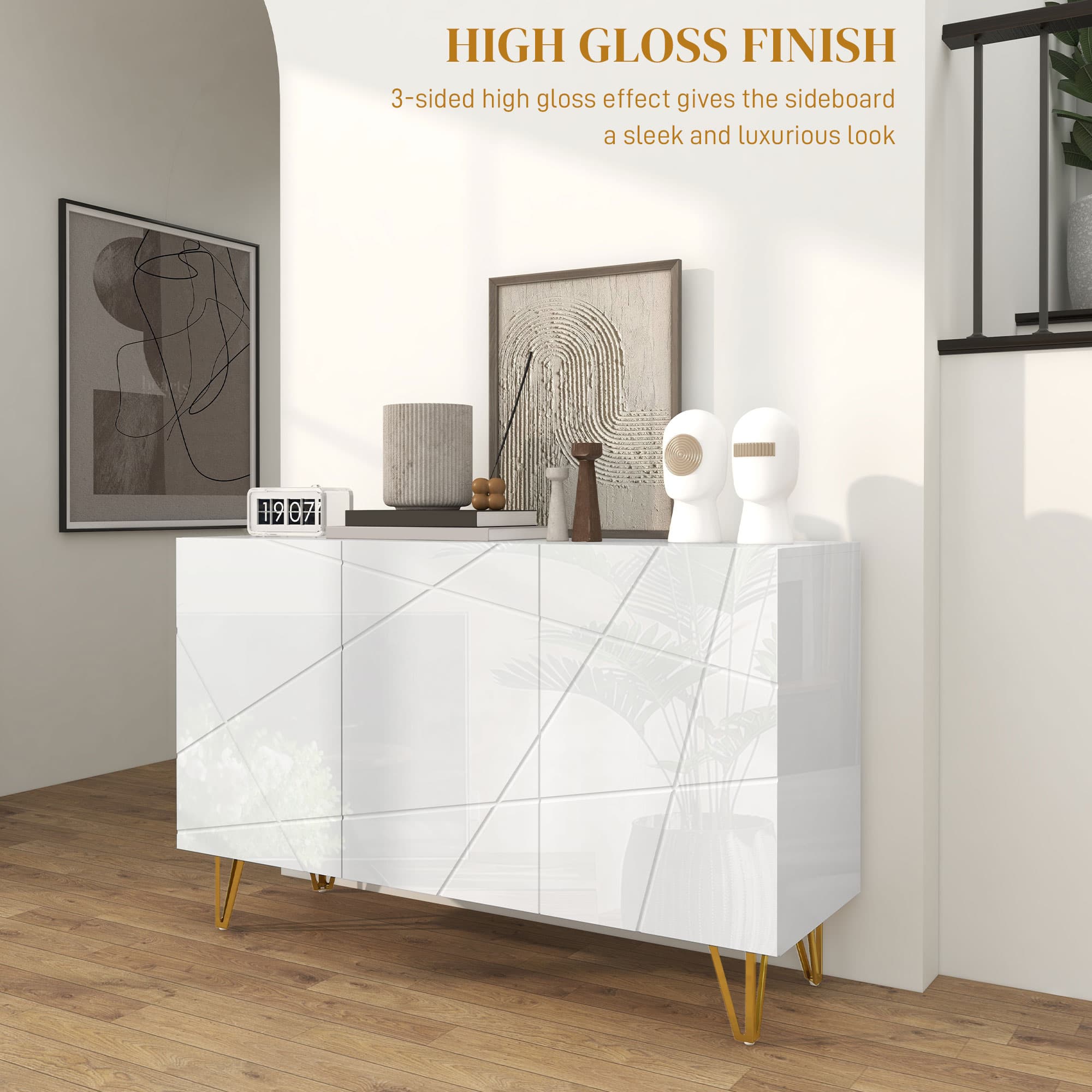 High-Gloss White Sideboard with Geometric Doors and Gold Metal Legs - image 2