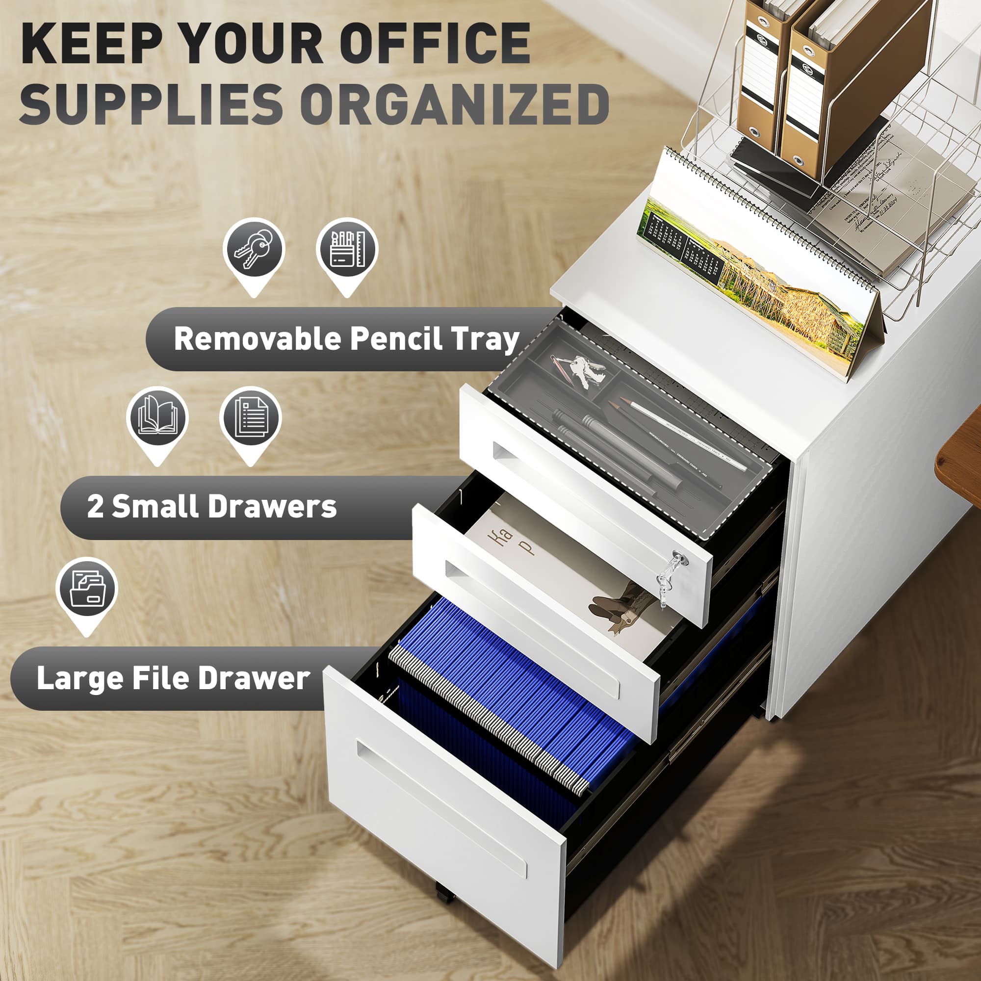 3-Drawer Steel Filing Cabinet with Castors – Fits Under a Desk - image 4