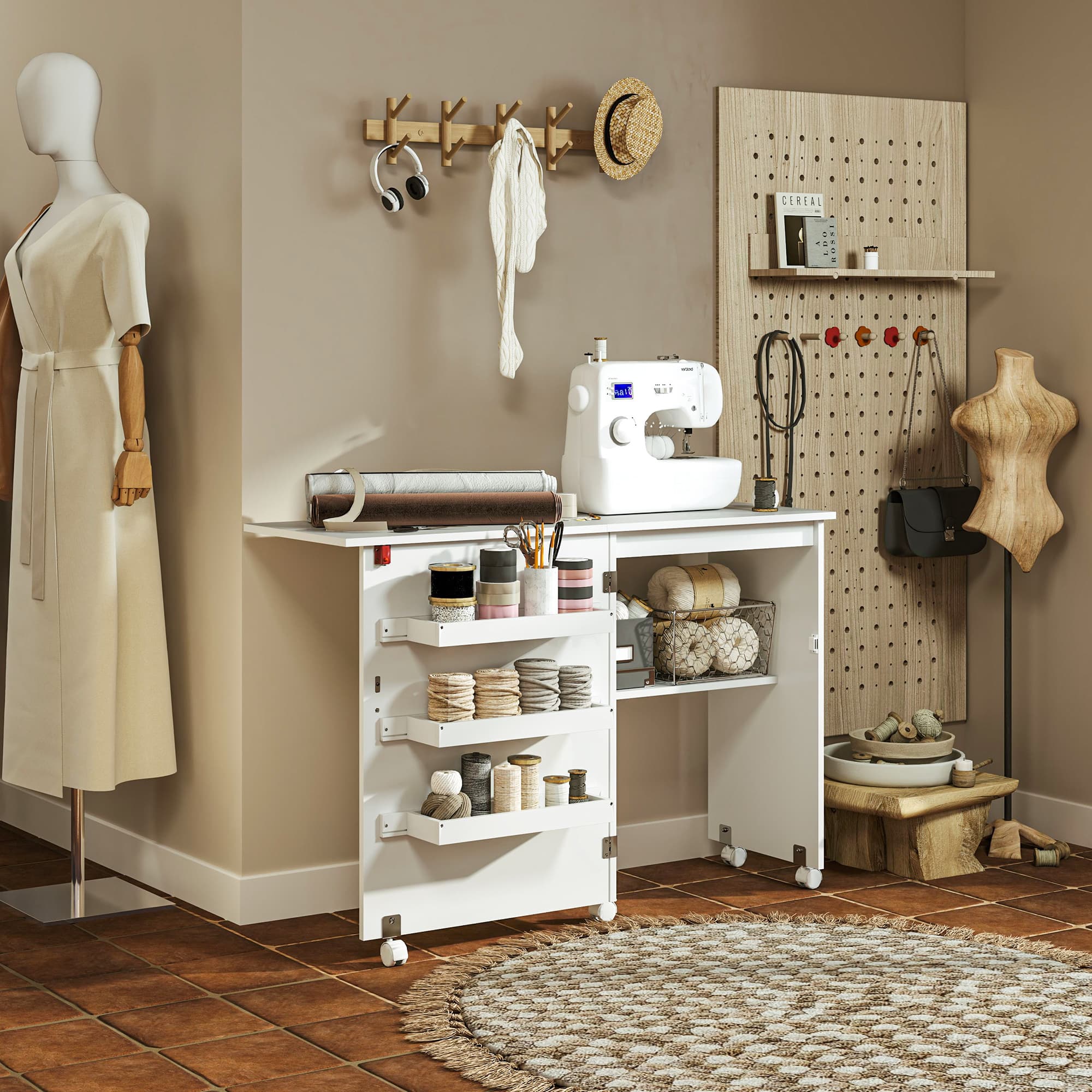 Folding Craft and Sewing Table with Drop Leaf and Wheels - image 4
