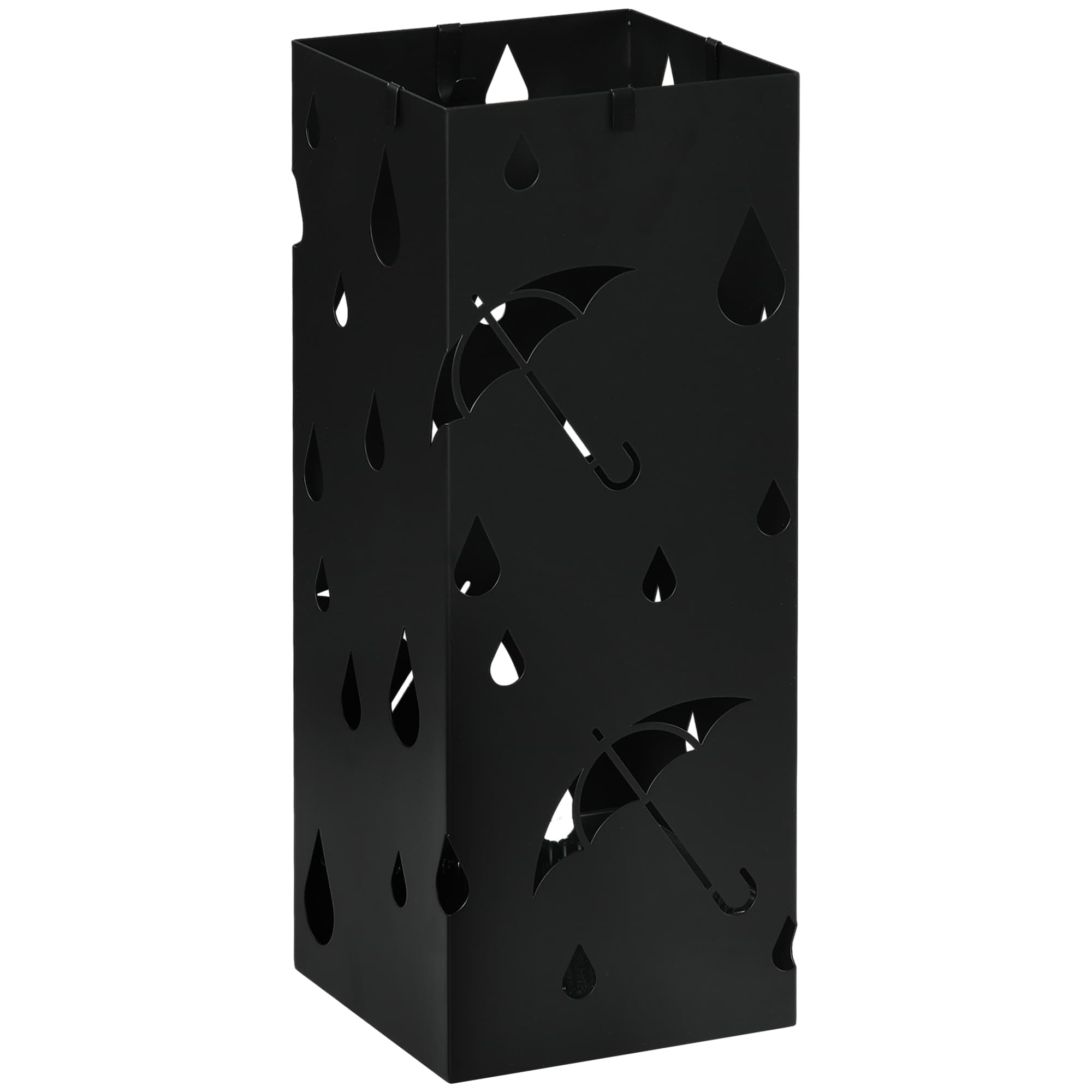Black Steel Umbrella Stand with 4 Hooks and Removable Drip Tray