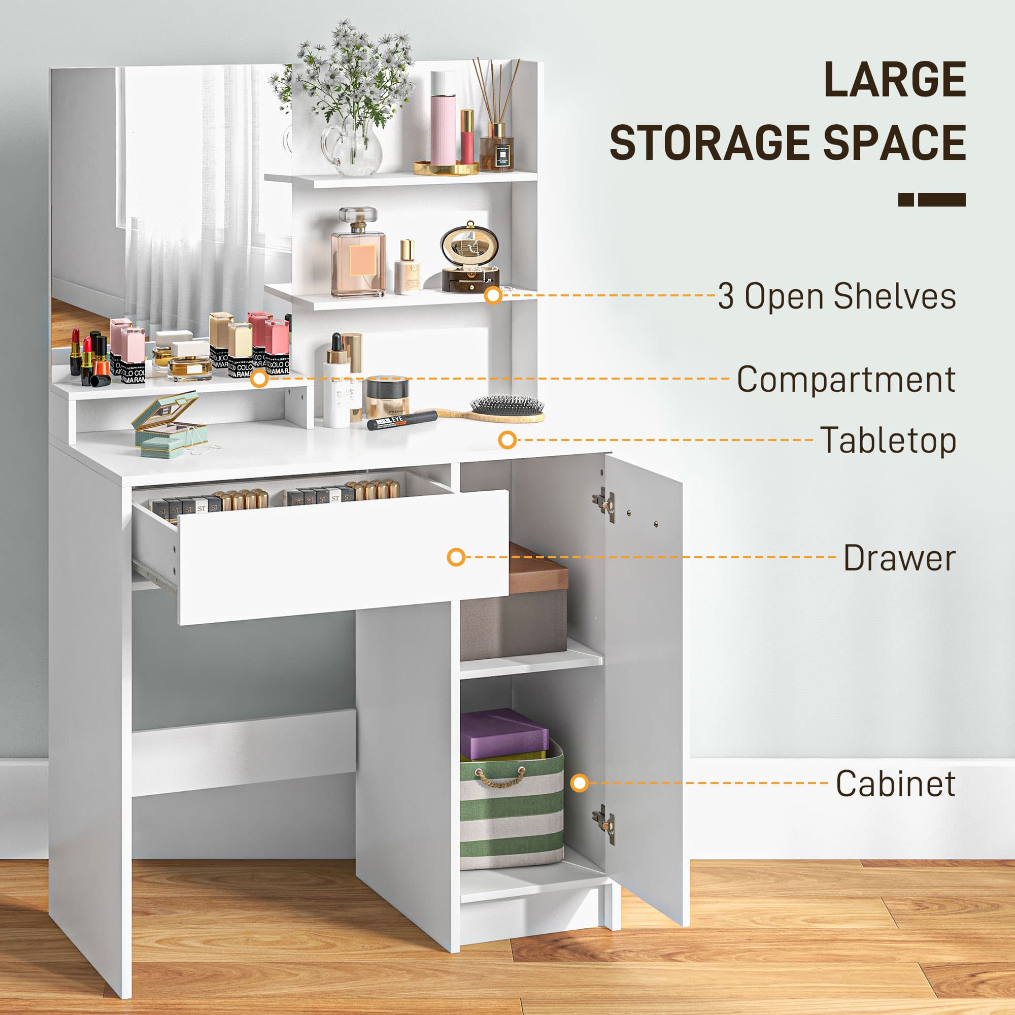 White Dressing Table Set – Mirror, Shelves, Drawer and Stool - image 5