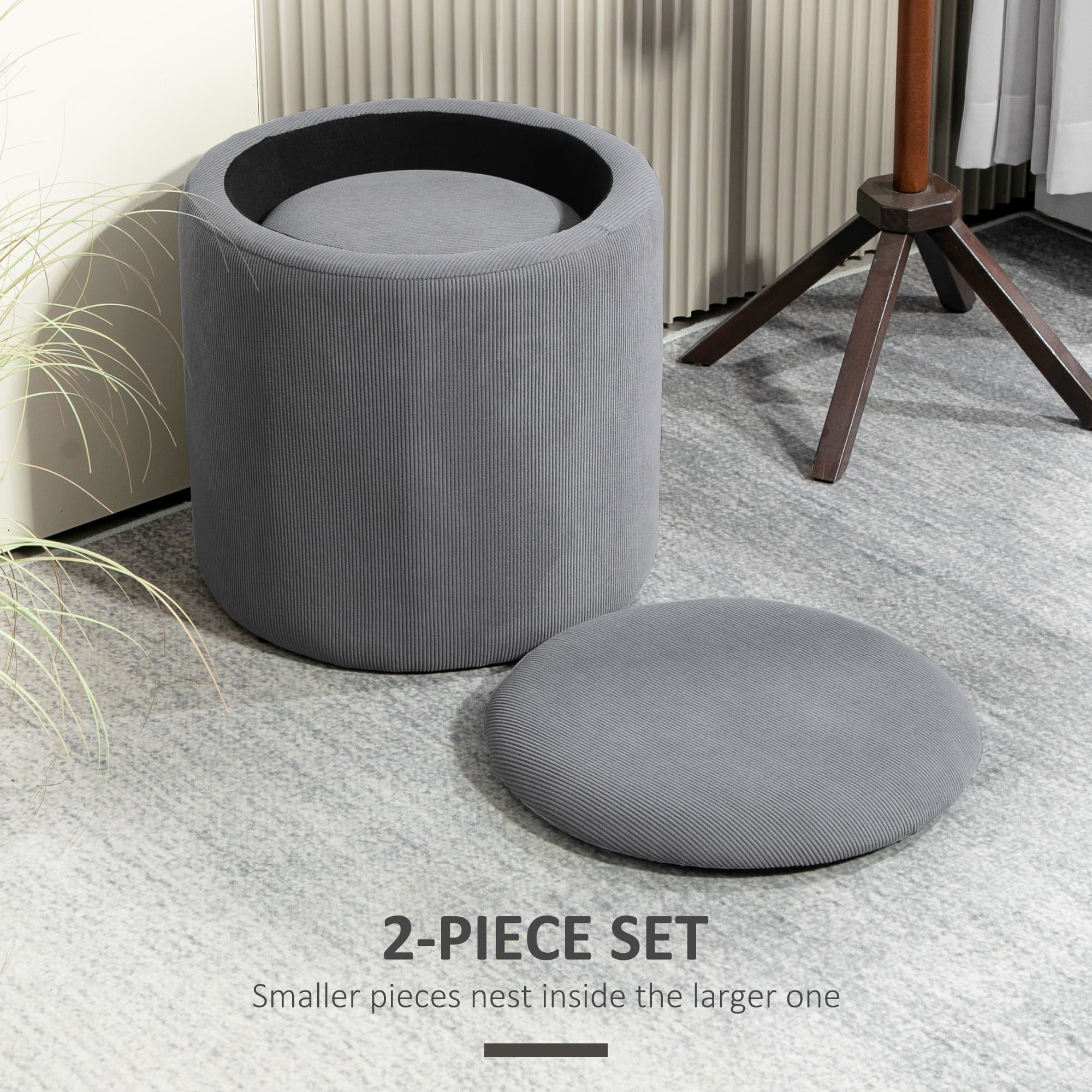 Two Nesting Grey Corduroy Storage Ottomans — Large and Small - image 6