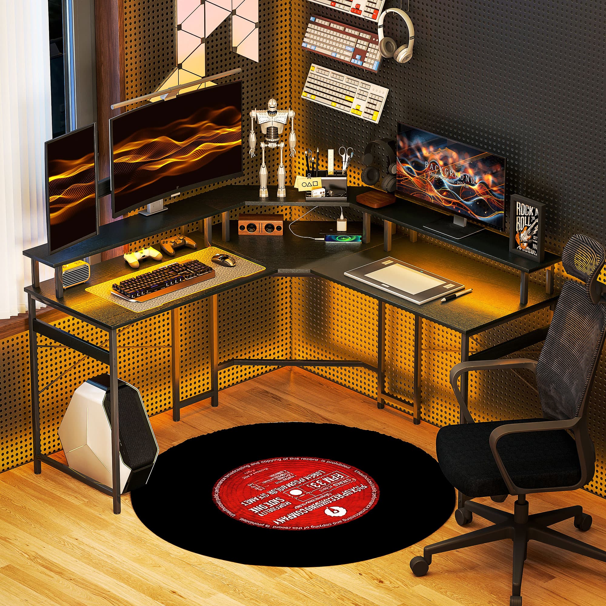 Large L-shaped desk with LED lighting and built-in power sockets - image 4