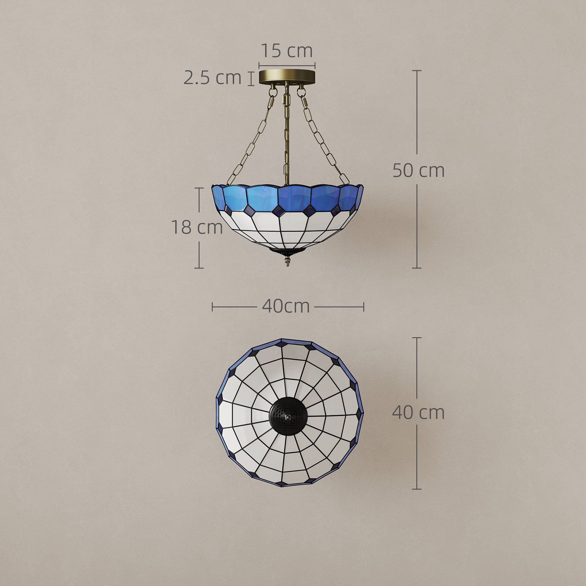 Blue Tiffany Pendant Light – Stained Glass Shade and Brass Chain - image 4