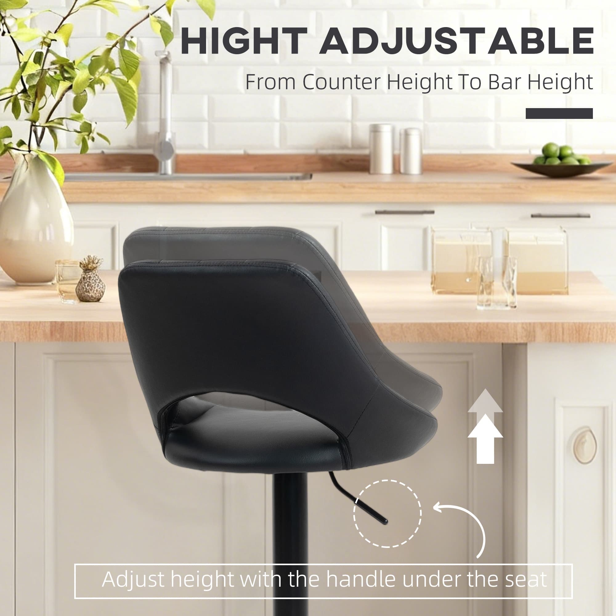 Set of Two Adjustable Black Faux Leather Swivel Bar Stools - image 4