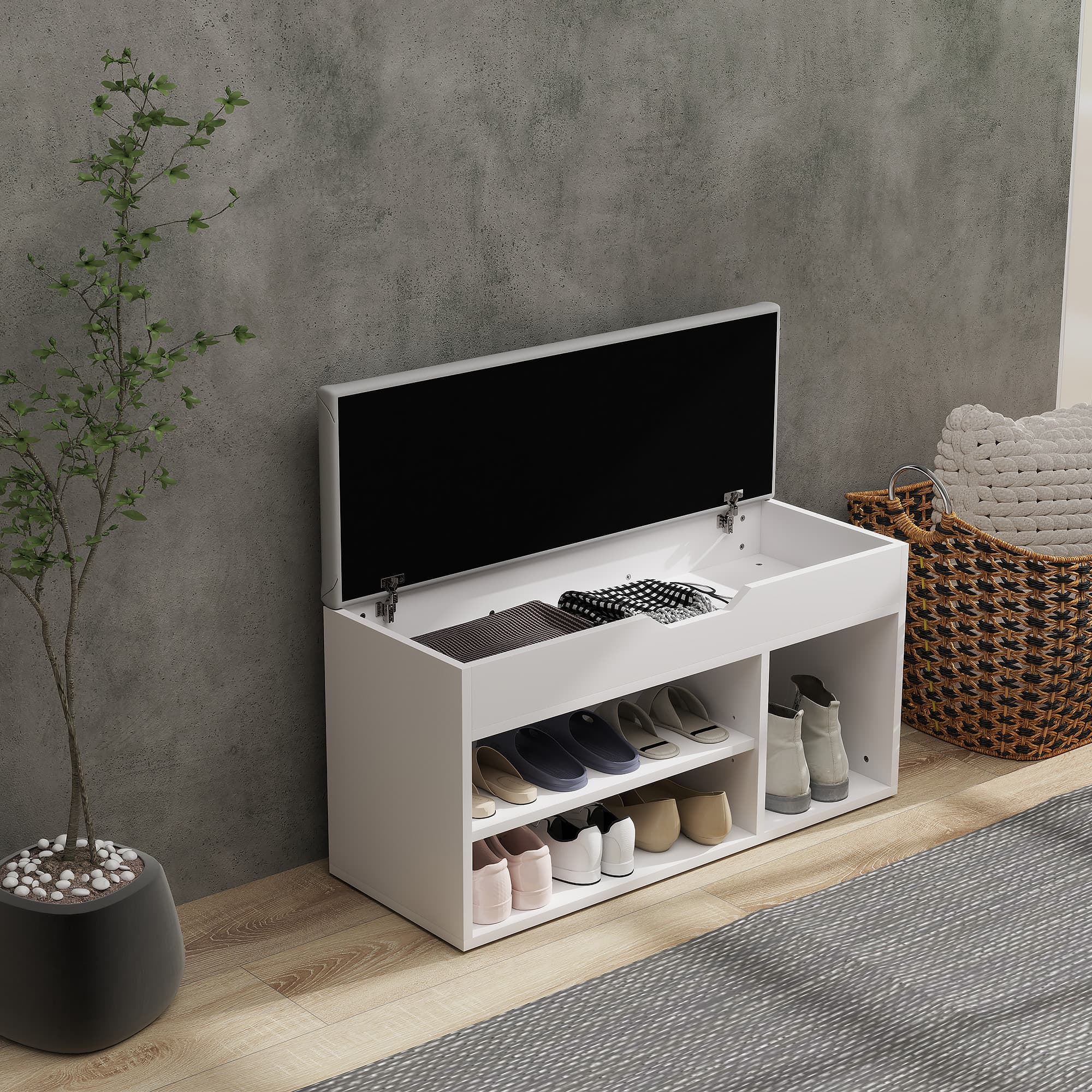 Shoe Storage Bench With Cushioned Seat and Open Shelves - image 1