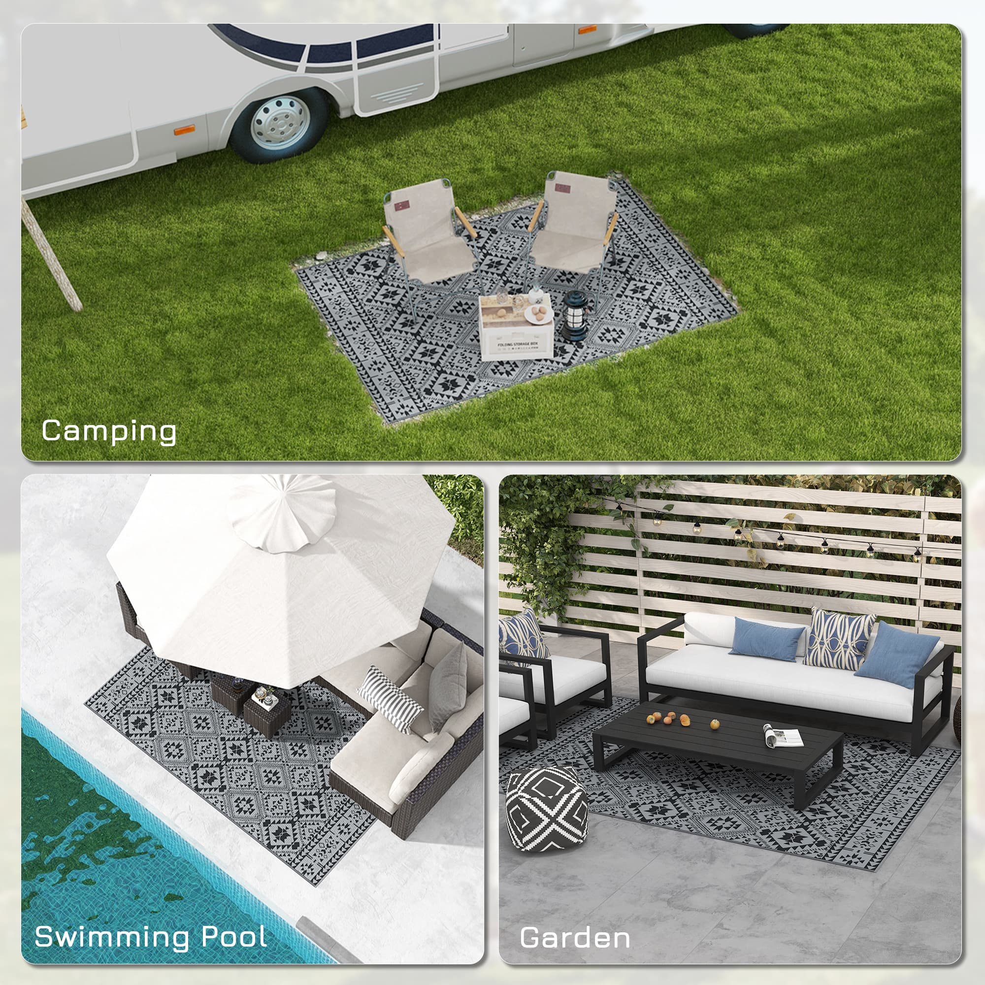 182 x 274cm Black and Grey Reversible Patterned Outdoor Rug - image 6