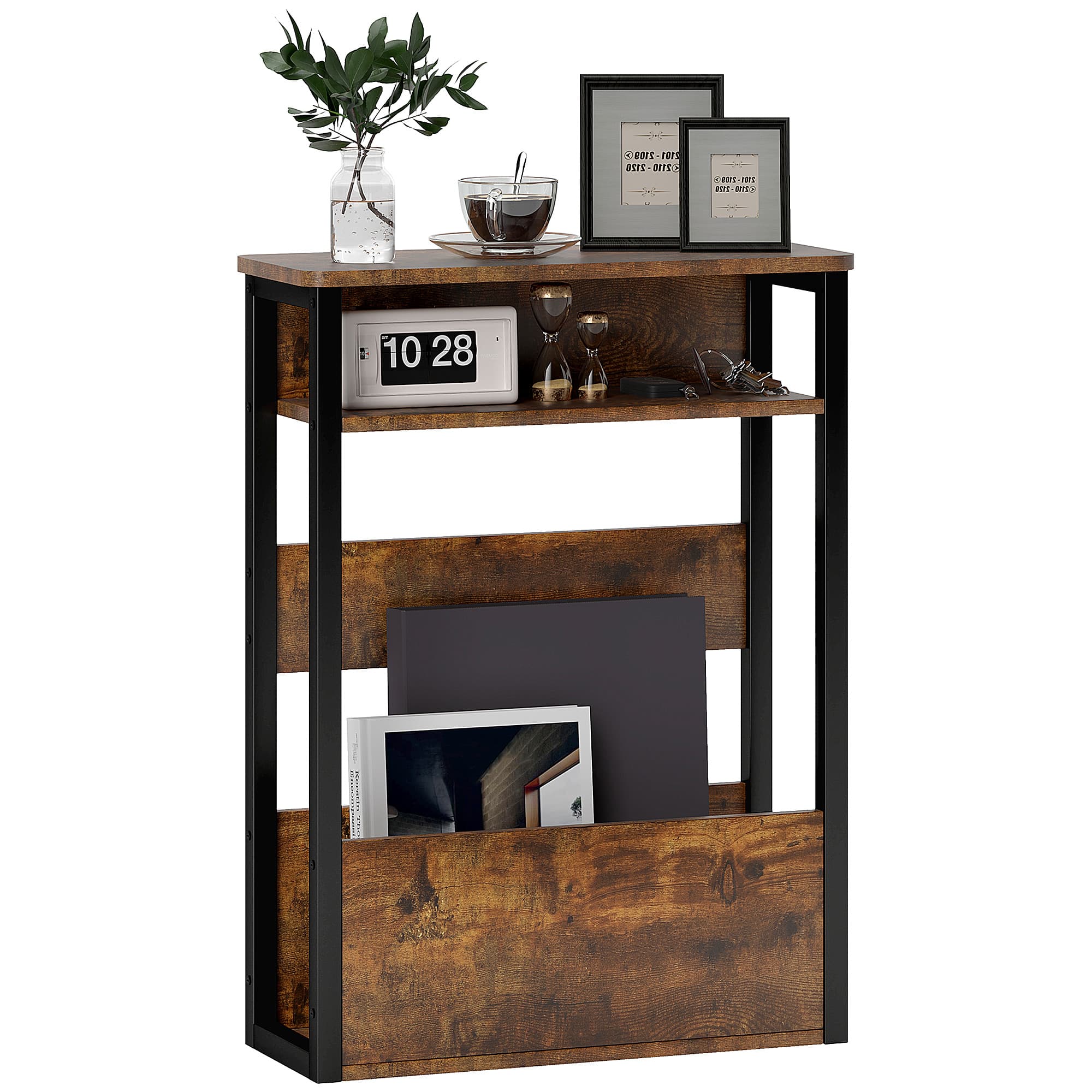 Industrial Side Table with Three Tiers and Magazine Rack - Rustic Brown
