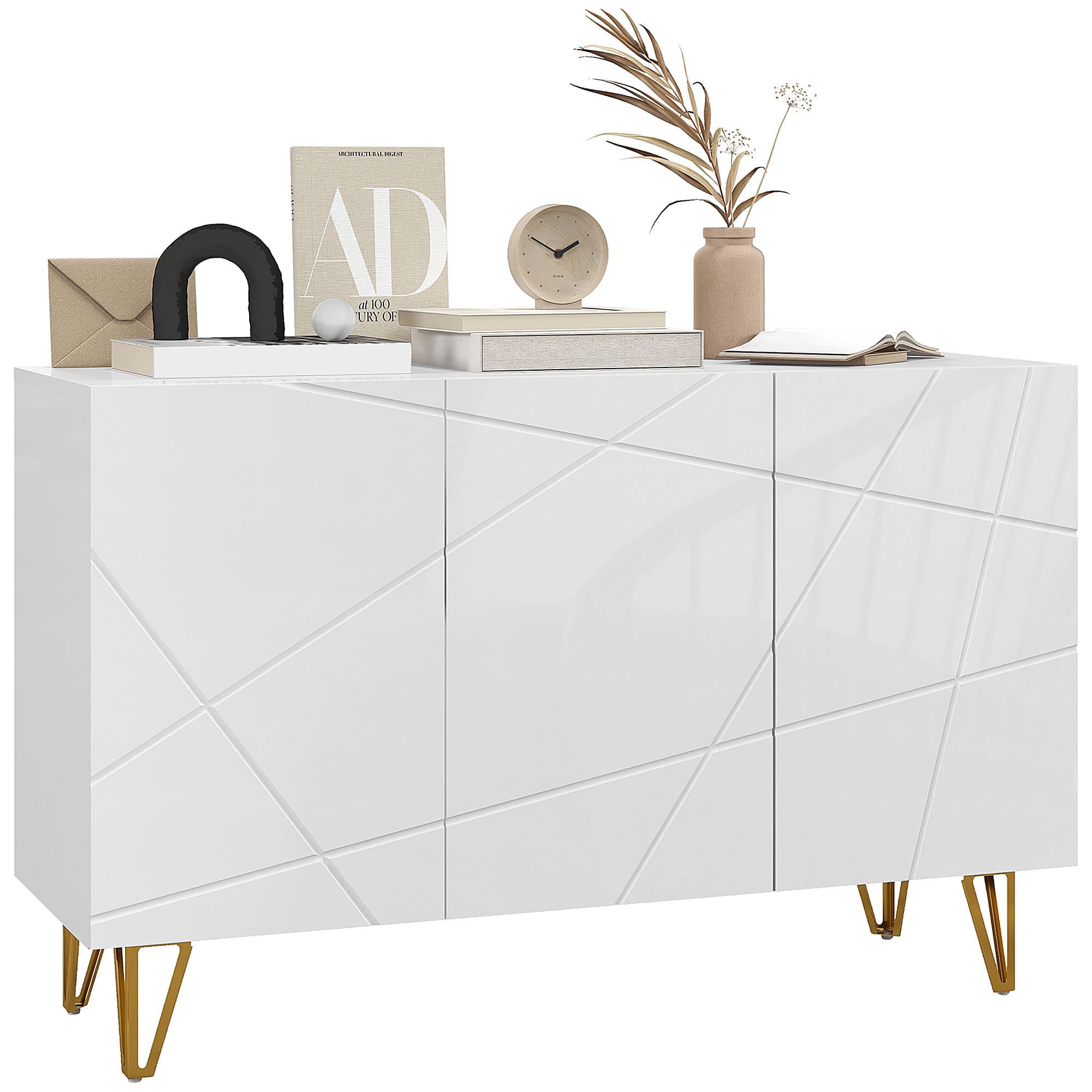 High-Gloss White Sideboard with Geometric Doors and Gold Metal Legs - White