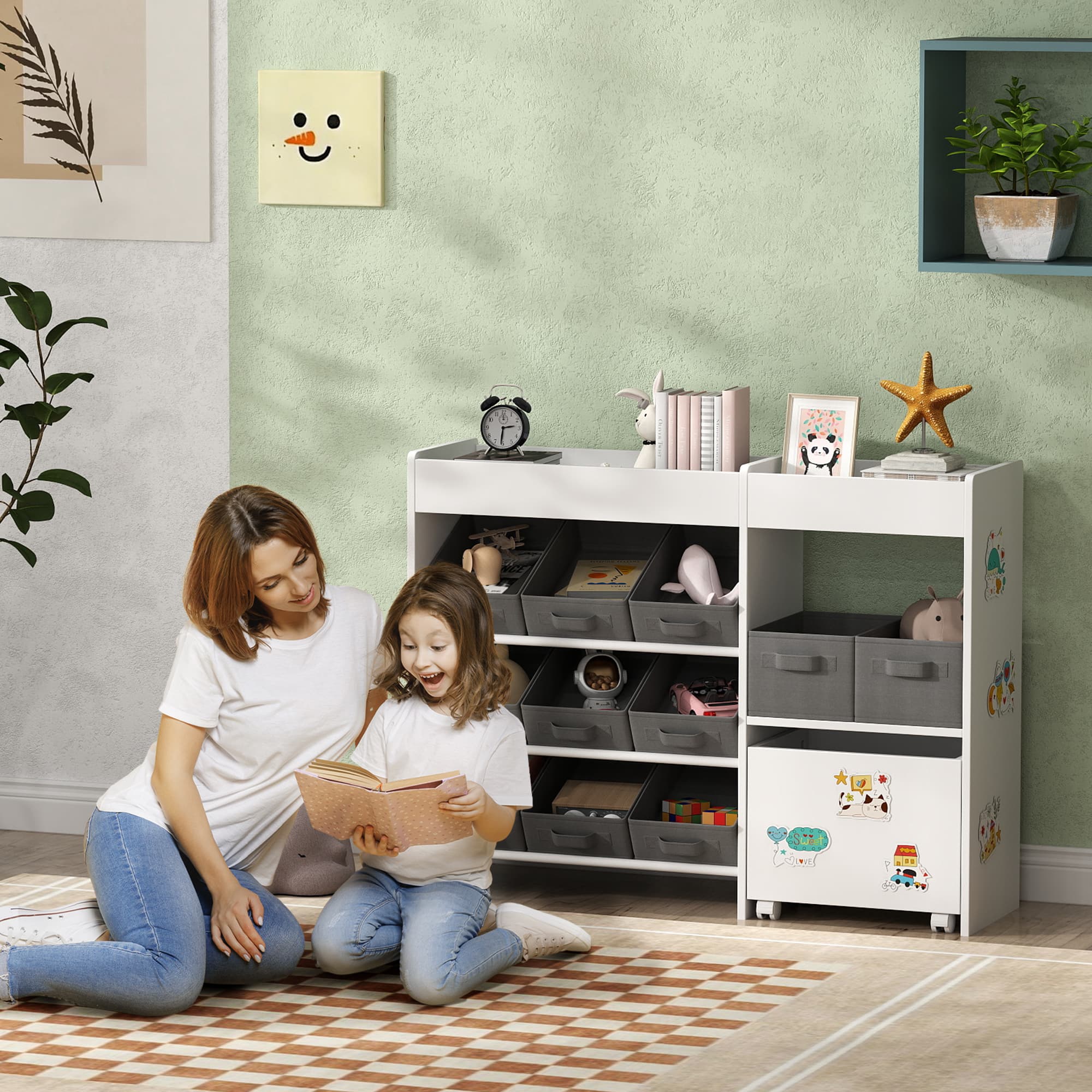 White Toy Storage Unit — 11 Fabric Bins, Top Shelves and Cabinet - image 4