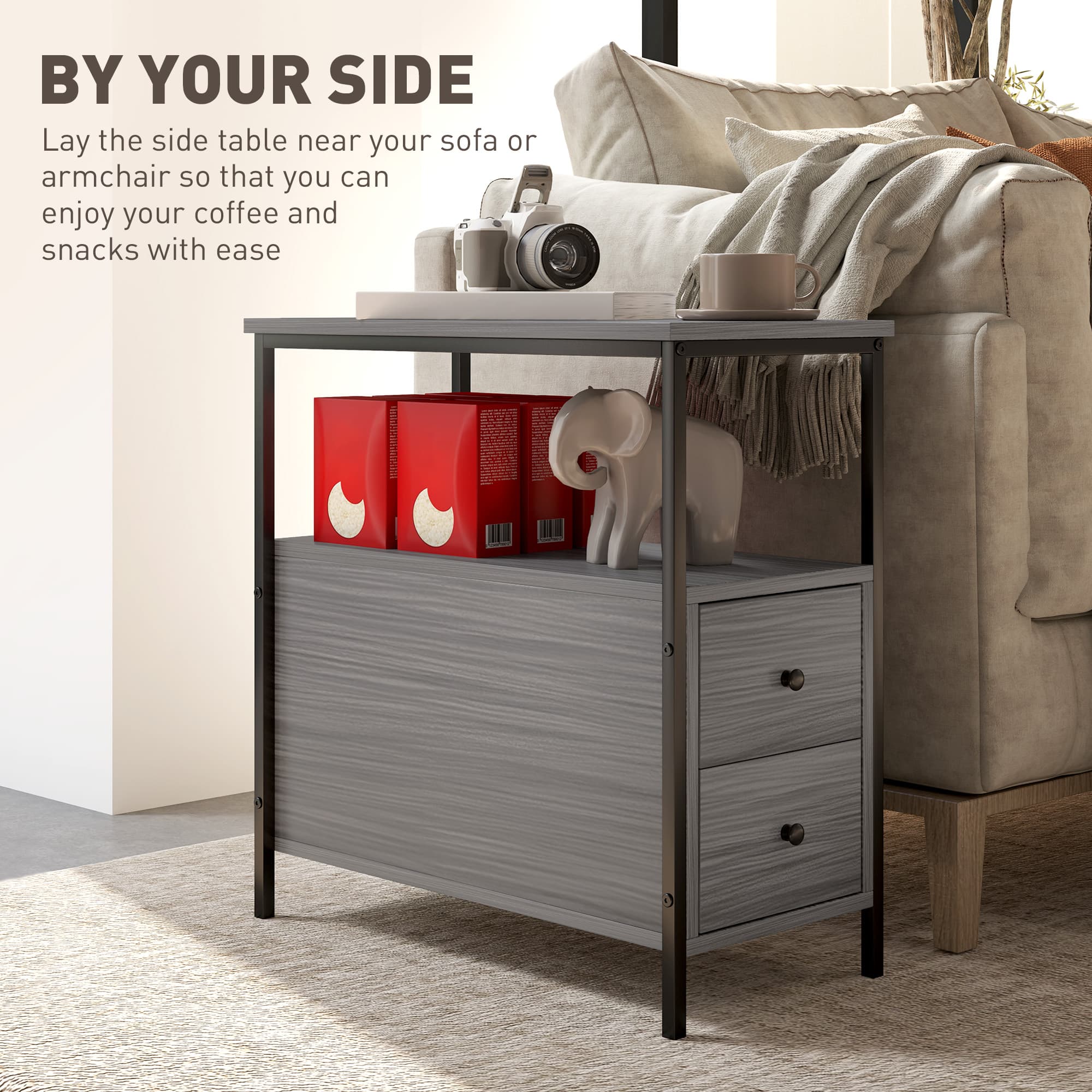 Grey Wood-Grain Side Table with Two Drawers and Shelf - image 5