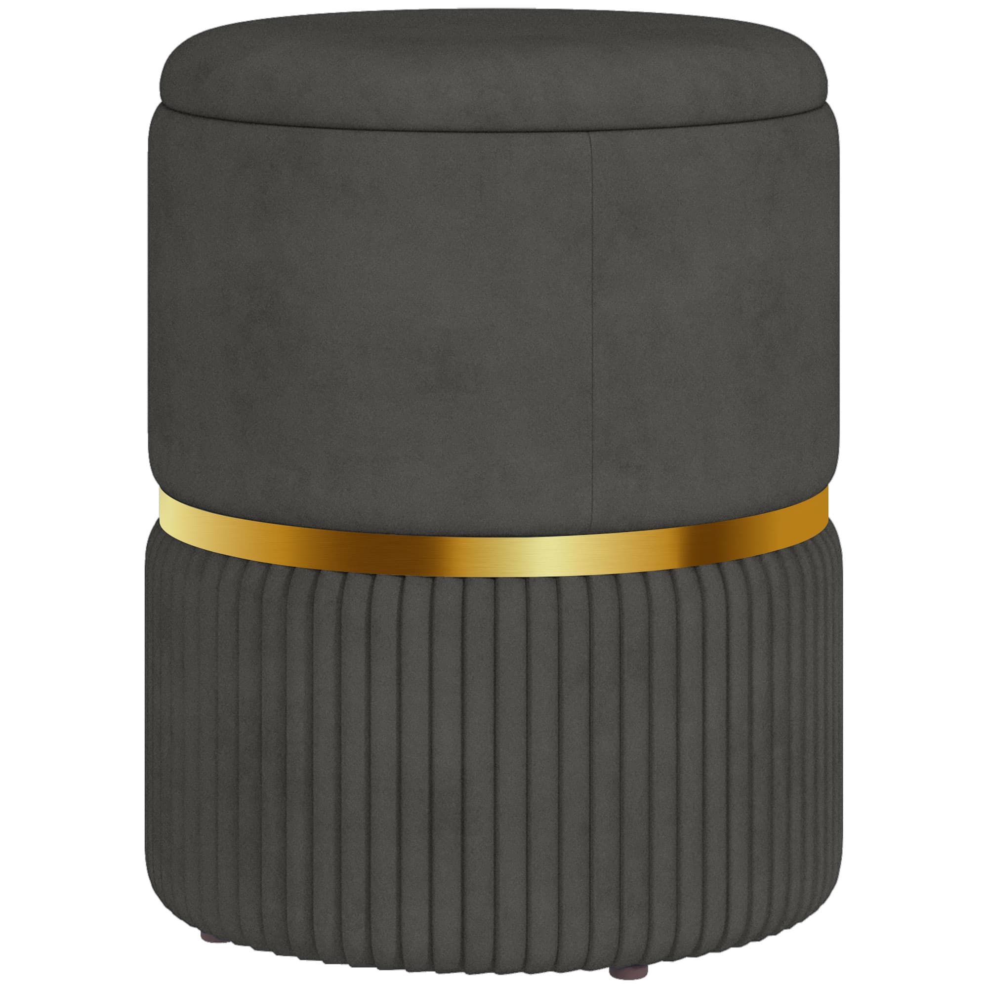 Grey Velvet Round Storage Ottoman with Gold Accent Ring - image 8
