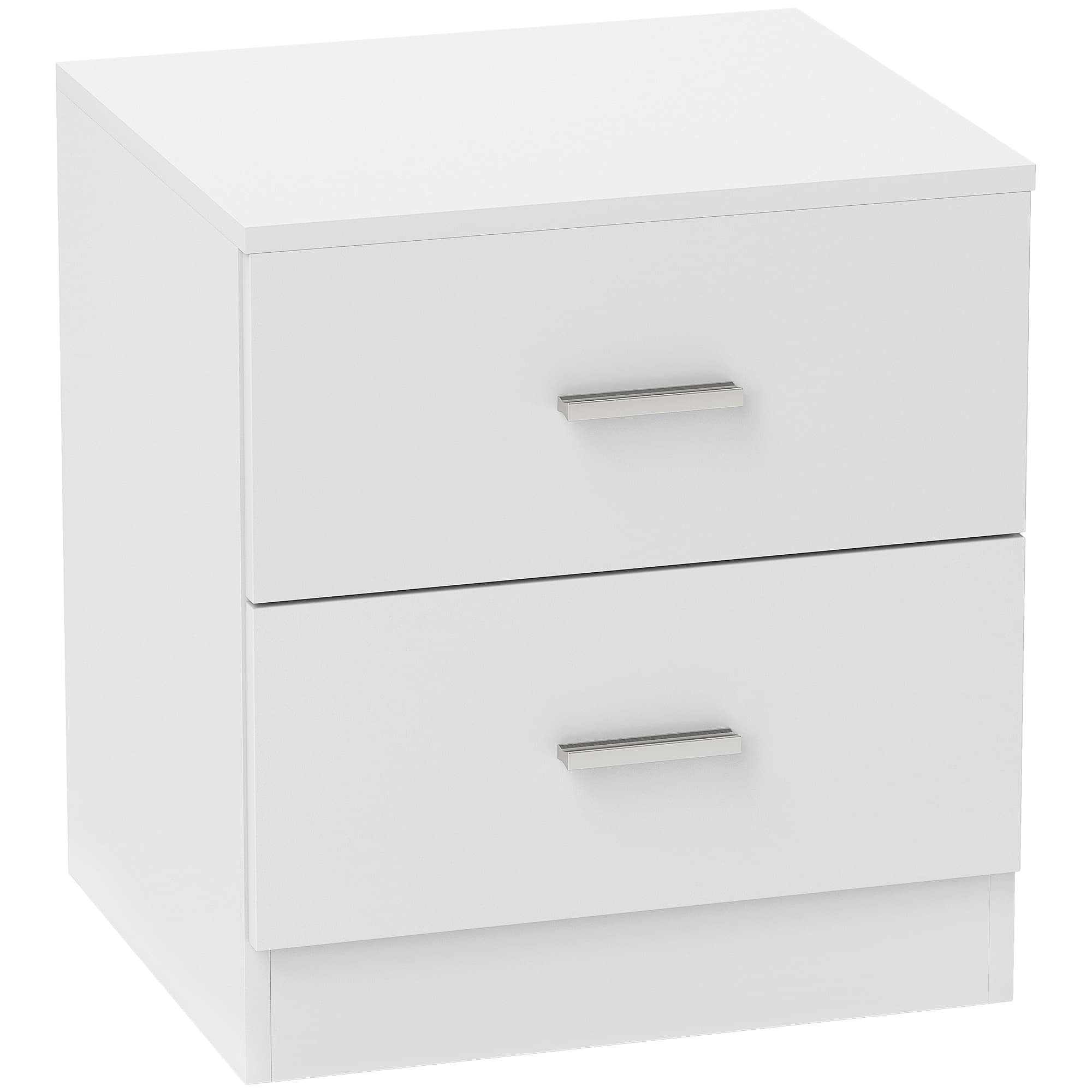 A Clean White Bedside Table With Two Drawers and a Flat Top