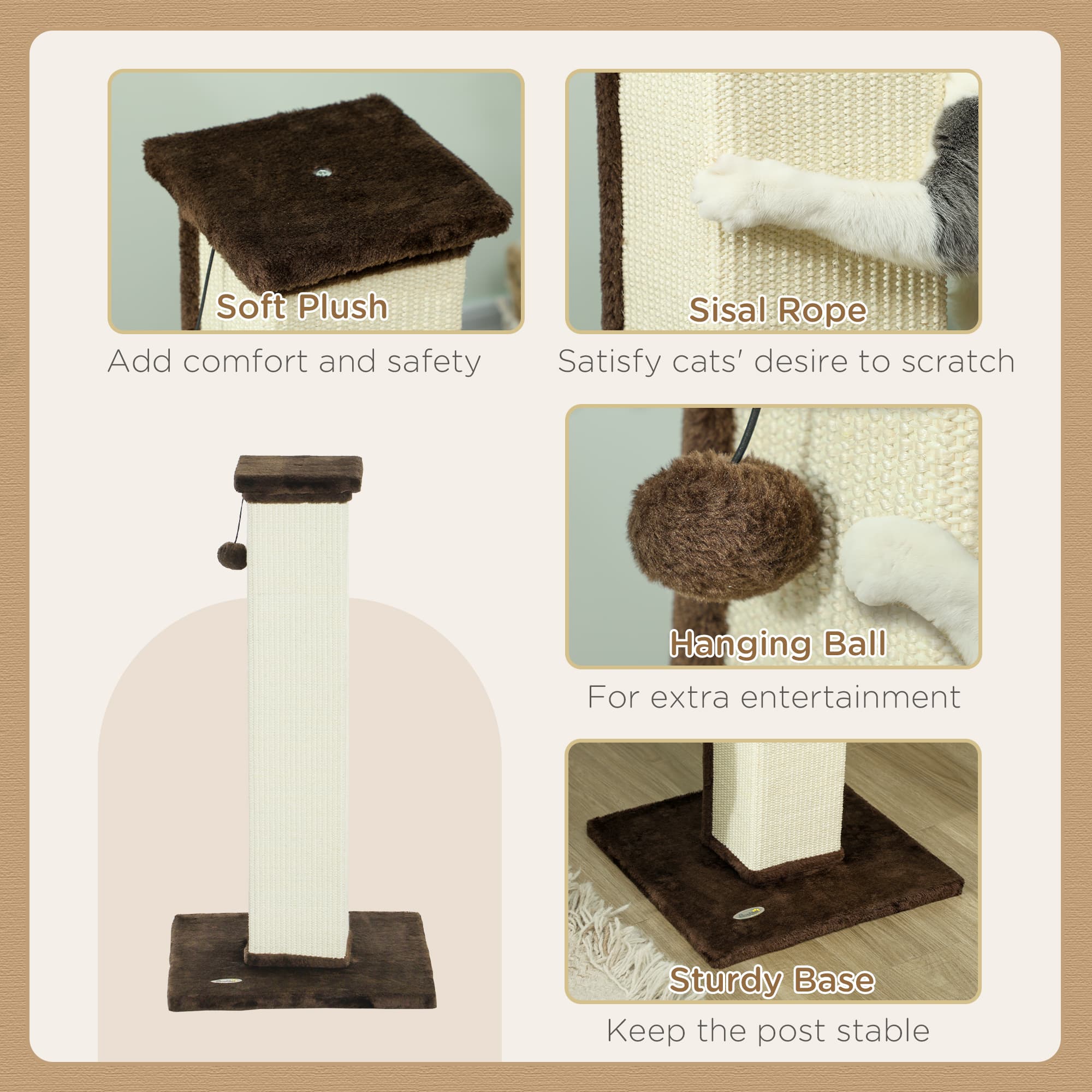Tall Vertical Cat Scratcher with Sisal Rope and Plush Base – Brown - image 8