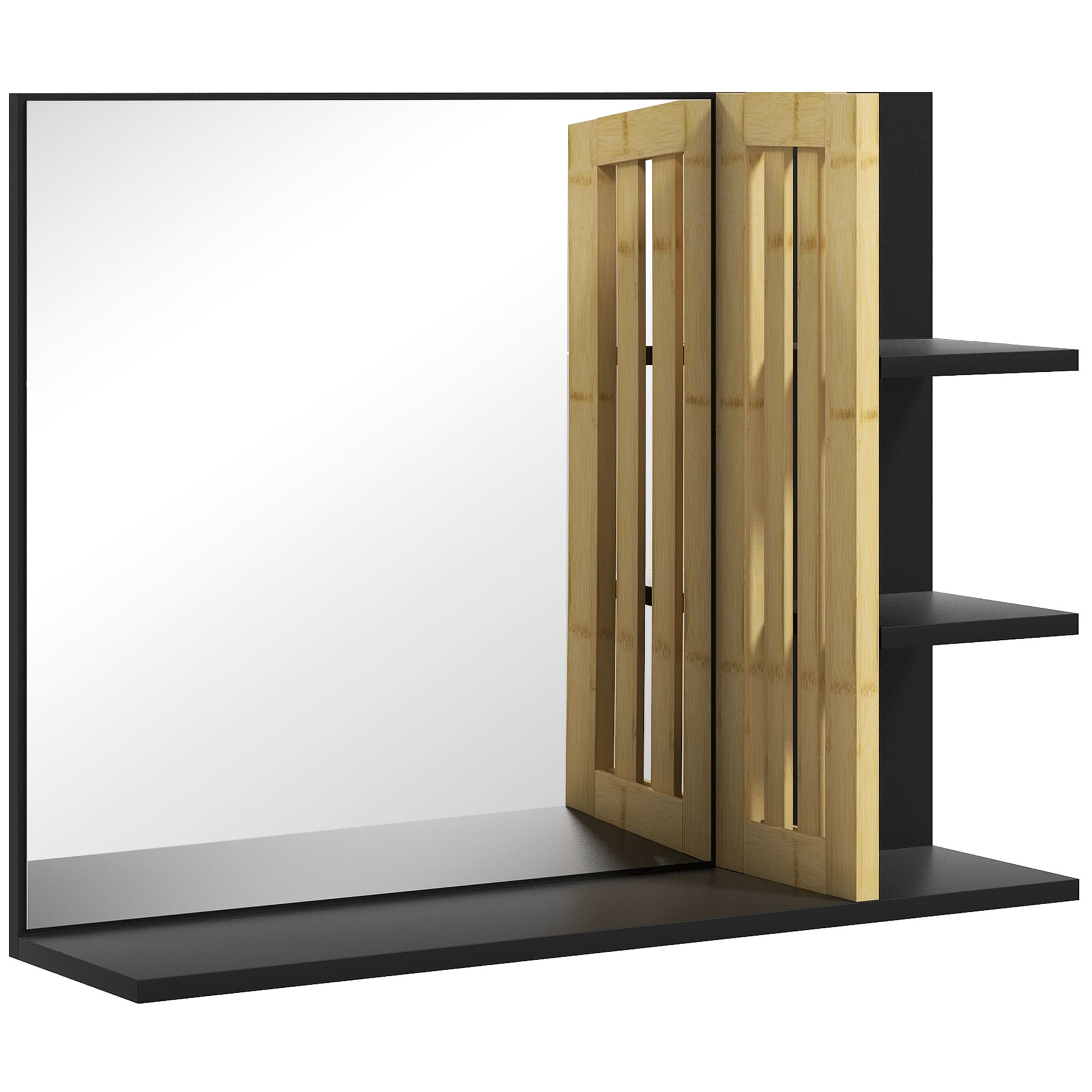 Black Bathroom Mirror with Space-Saving Bamboo Shelves - Black