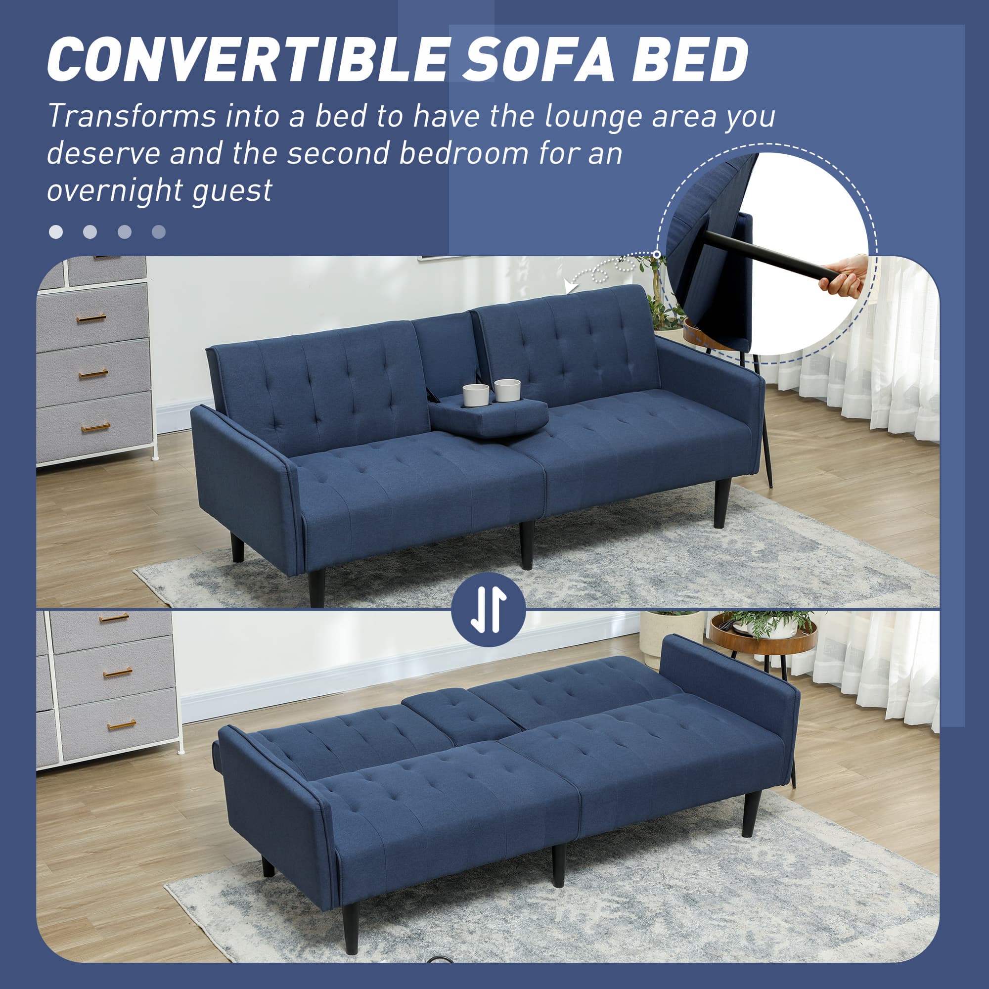 Dark Blue Sofa Bed for Three with Convertible Backrest - image 4