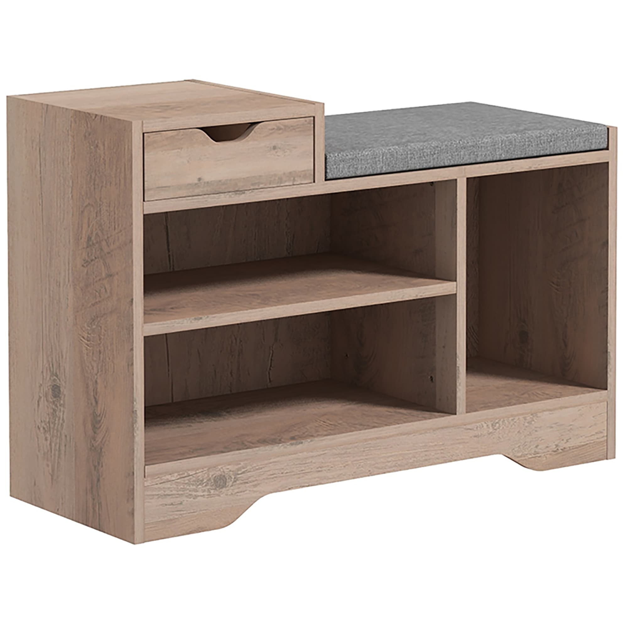 Shoe Bench With Padded Seat, Open Shelves and Pull-Out Drawer - Grey