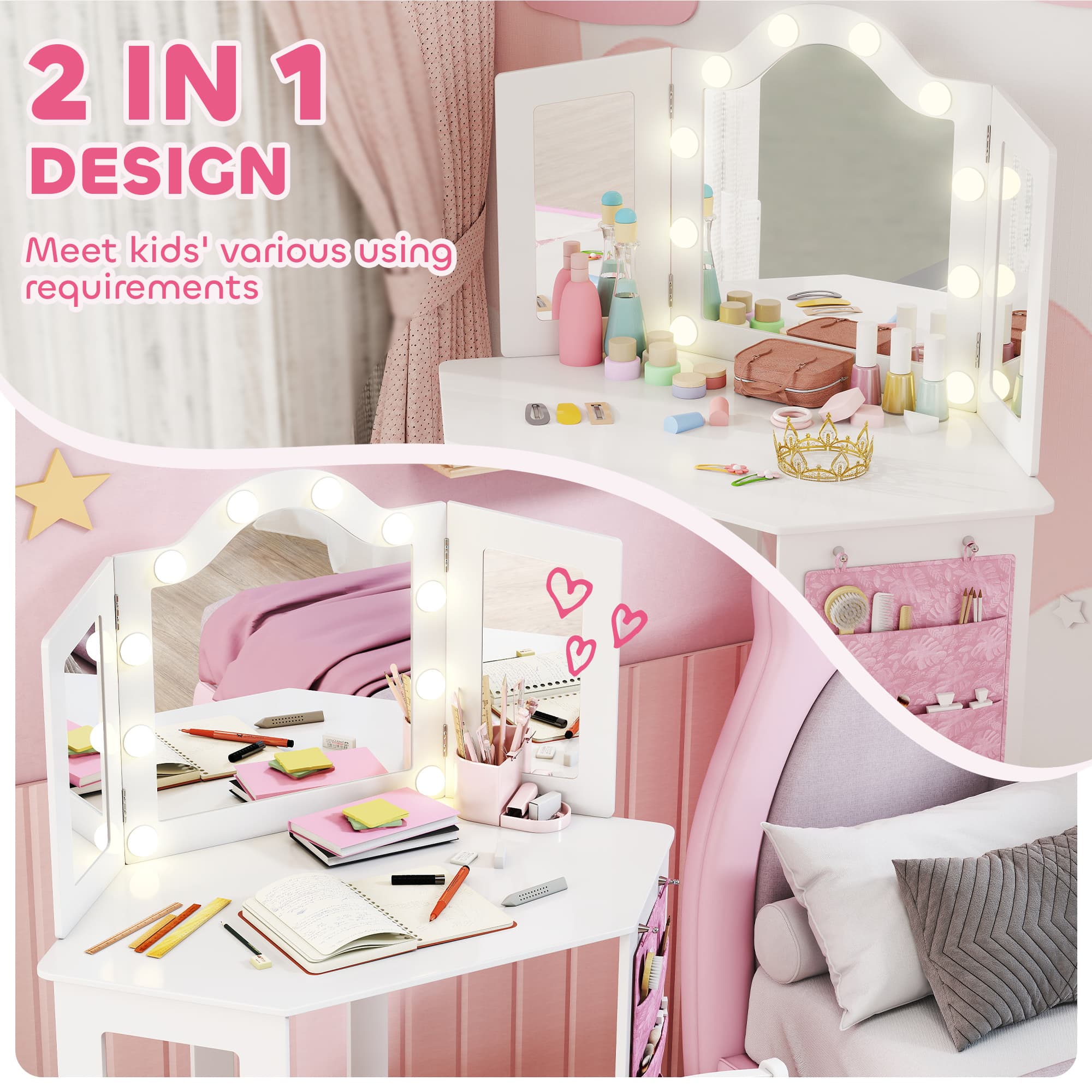 White Kids Vanity Table Set With LED Bulbs and Tri-Fold Mirror - image 2