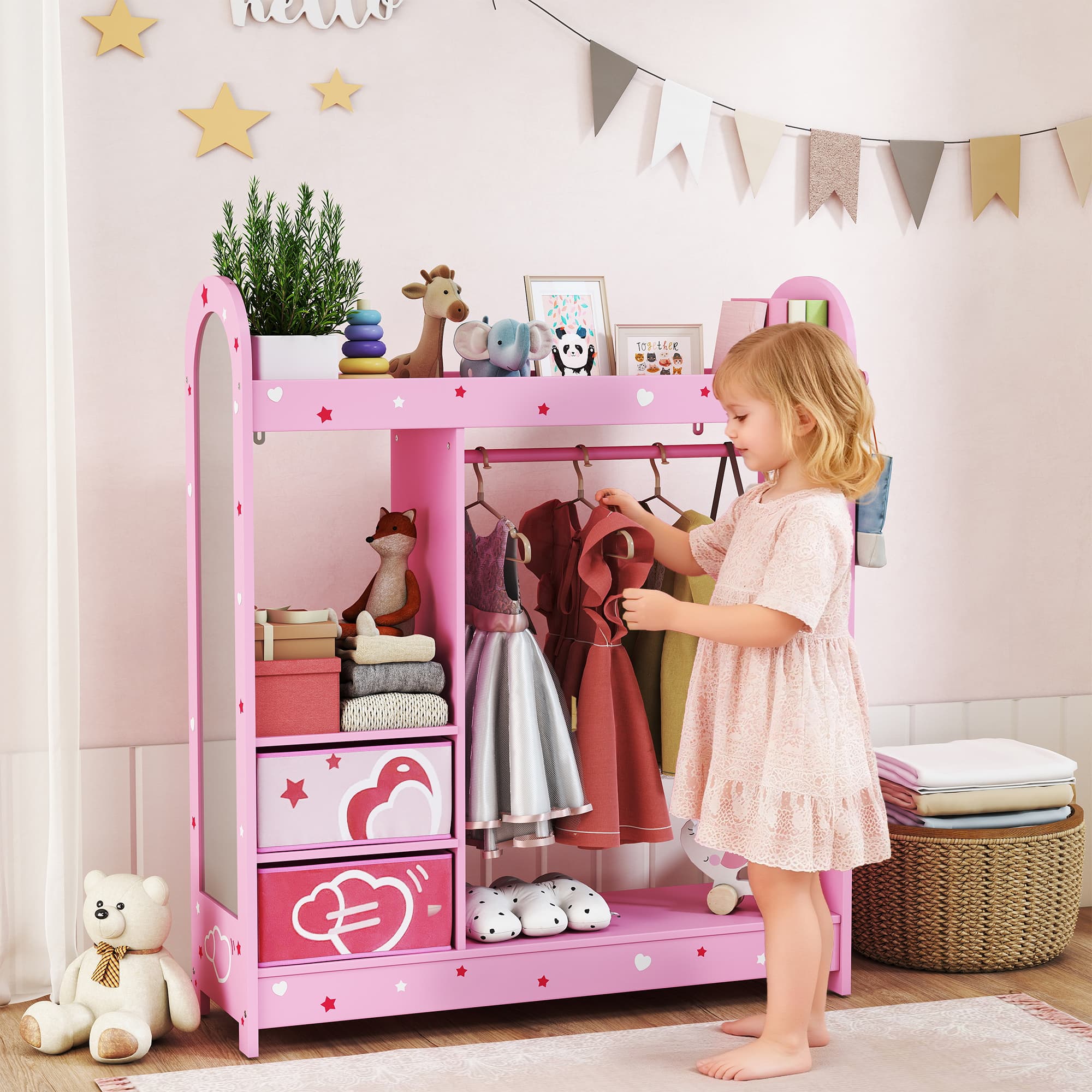 Children's Clothes Rail With Full-Length Mirror, Hanging Rail and Fabric Storage Boxes - image 2