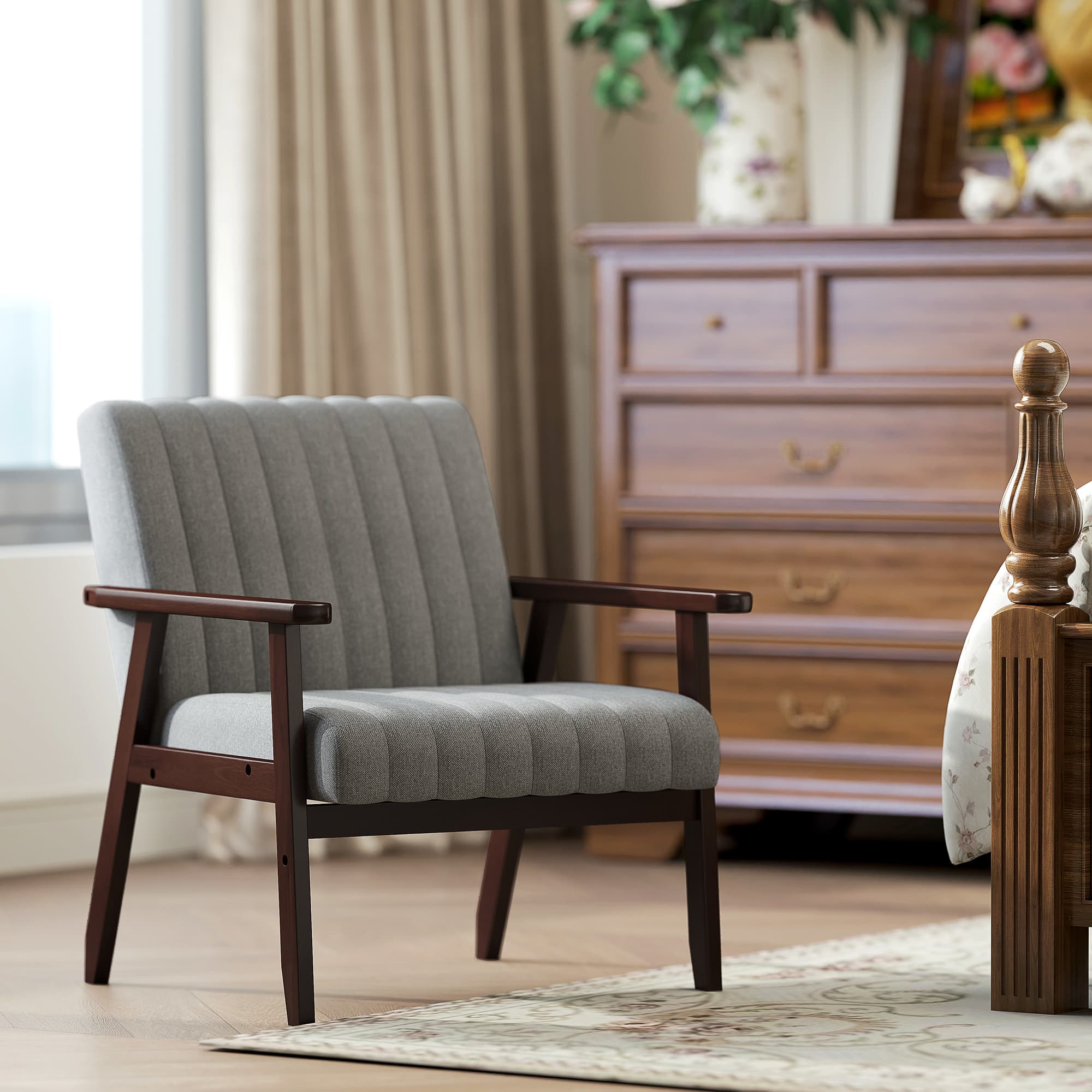 Mid-Century Accent Chair with Wooden Frame — Light Grey - image 1
