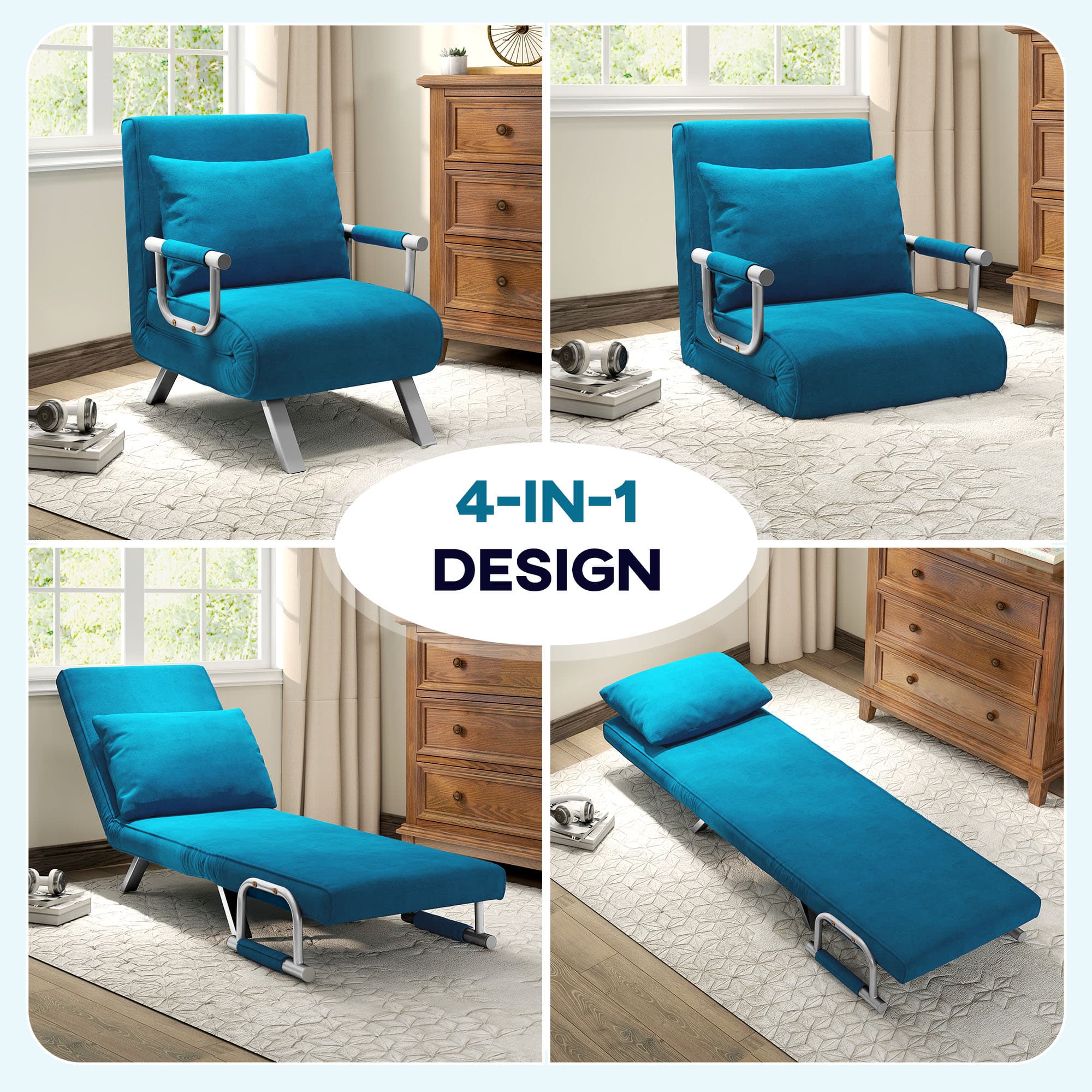 Teal Blue 4-in-1 Folding Chair Bed with Silver Frame - image 5