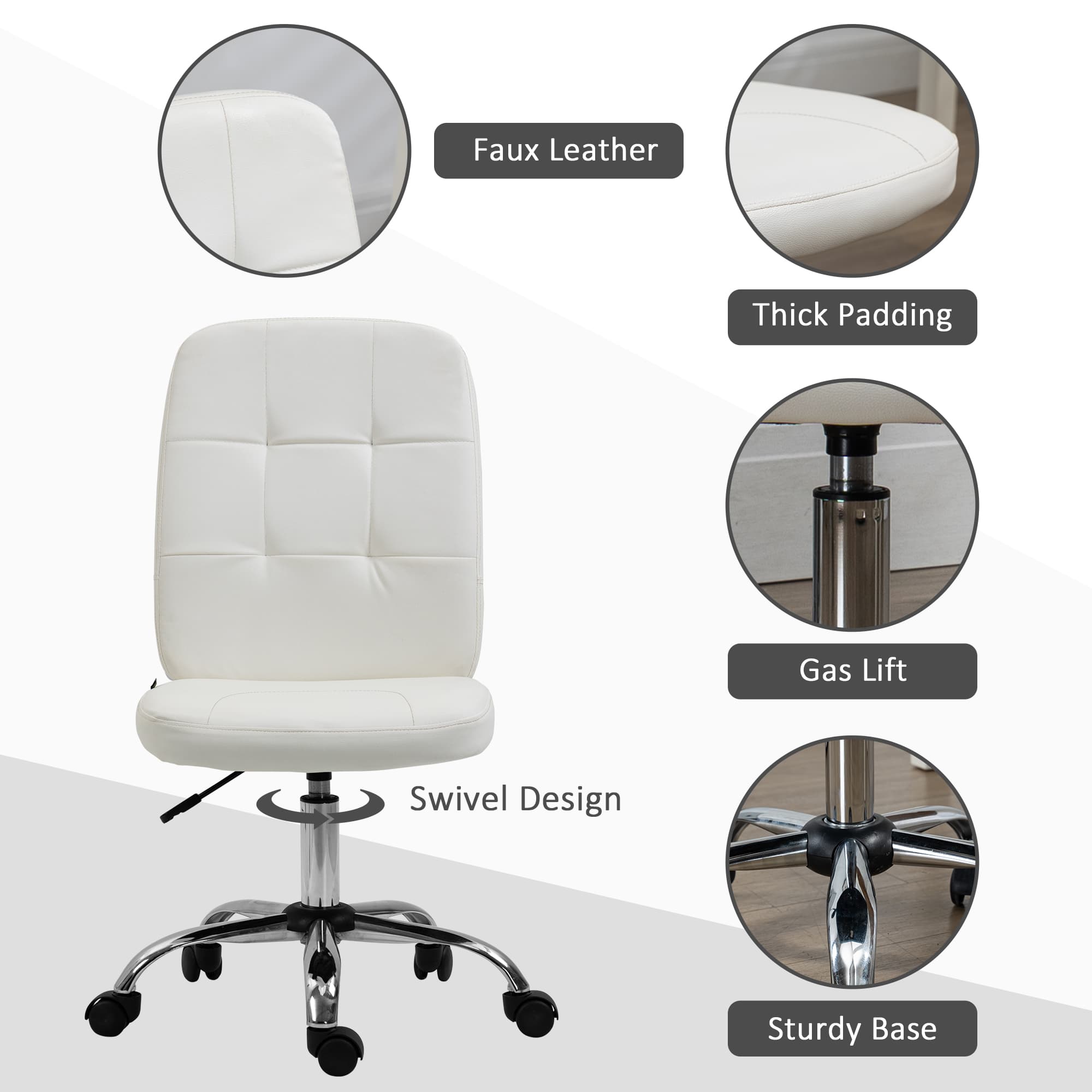 Cream Faux Leather Armless Office Chair with Gas Lift - image 8