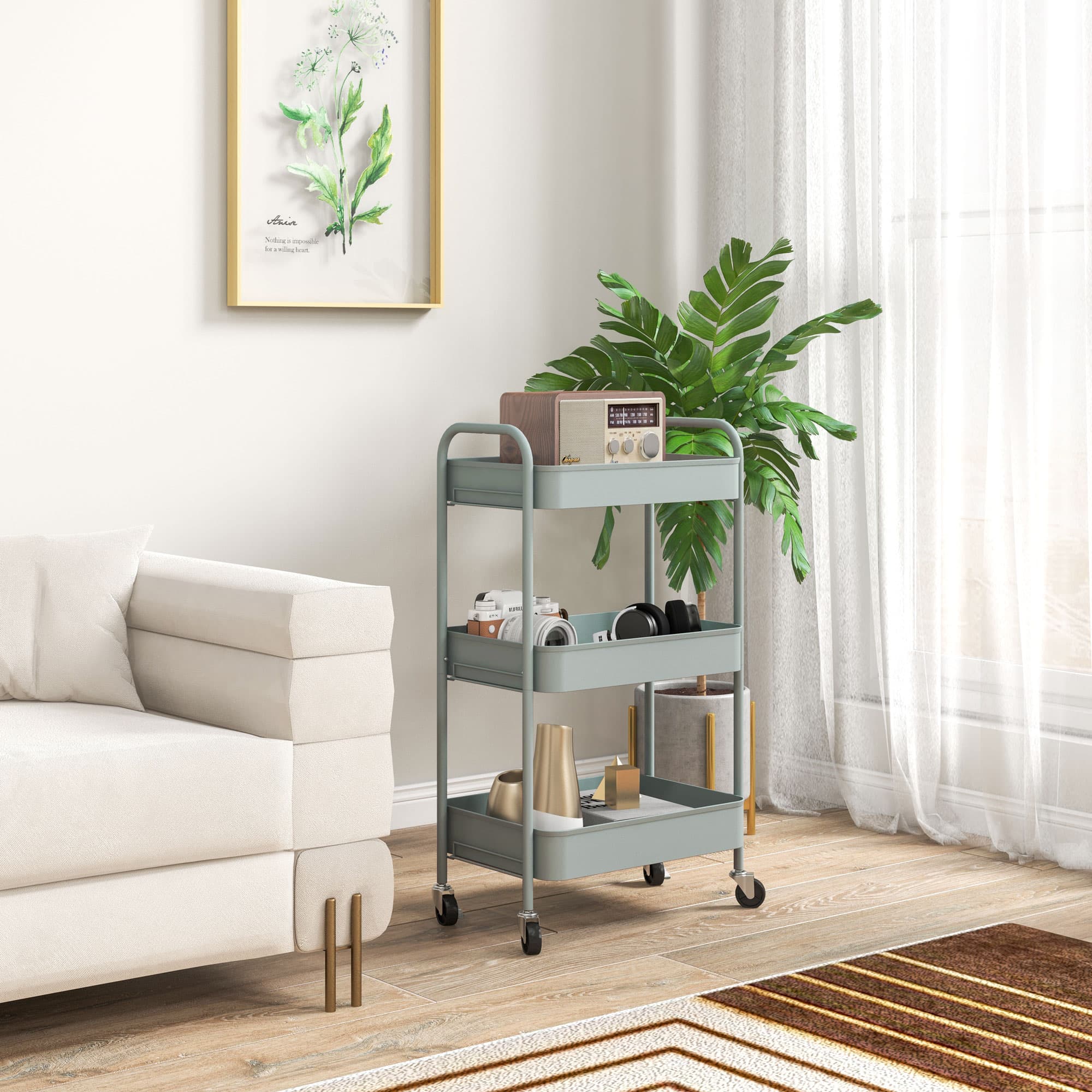 Three-Tier Steel Storage Trolley with Castors in Teal - image 8