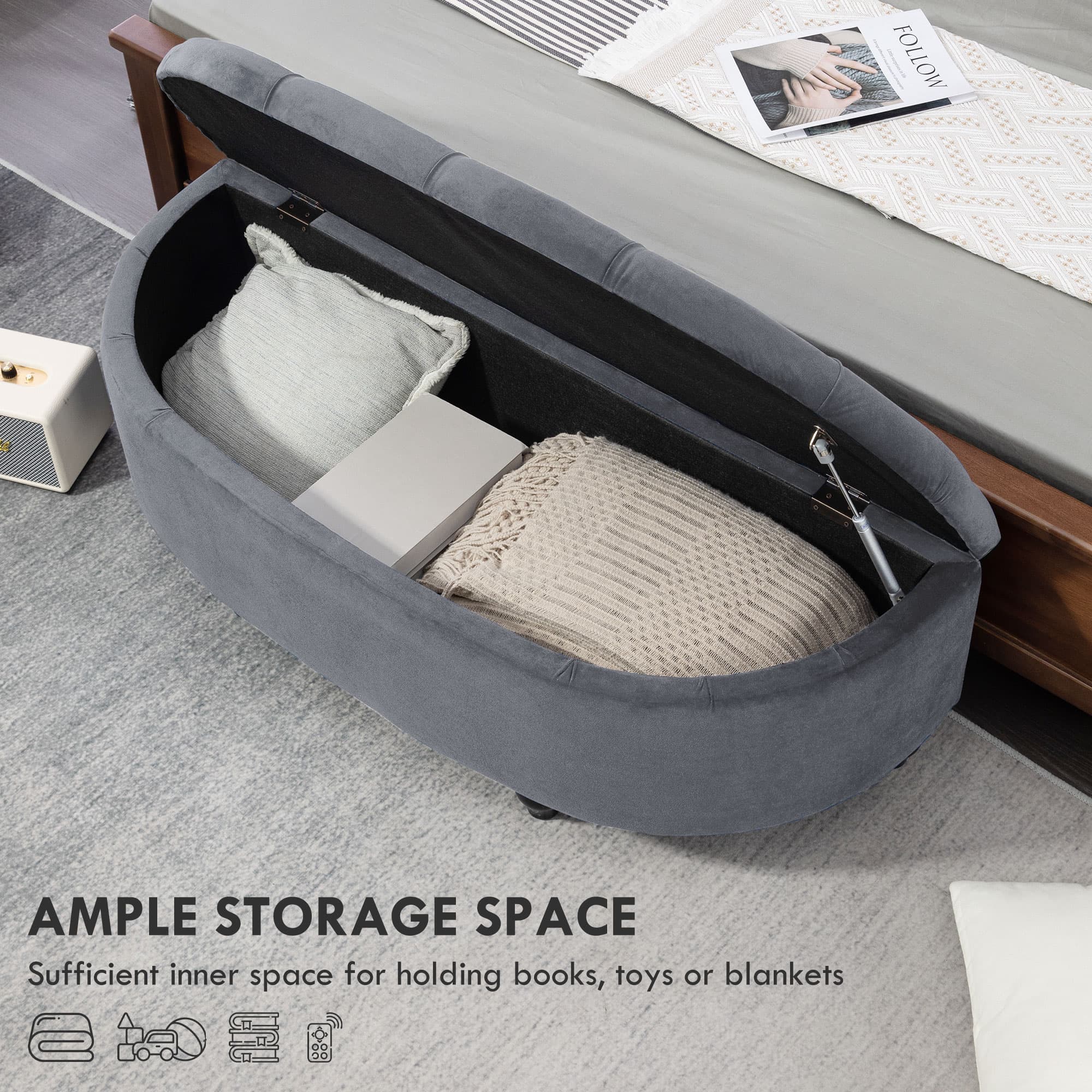 Half-Circle Storage Ottoman in Grey Velvet-Feel Fabric With Tufted Lid - image 5