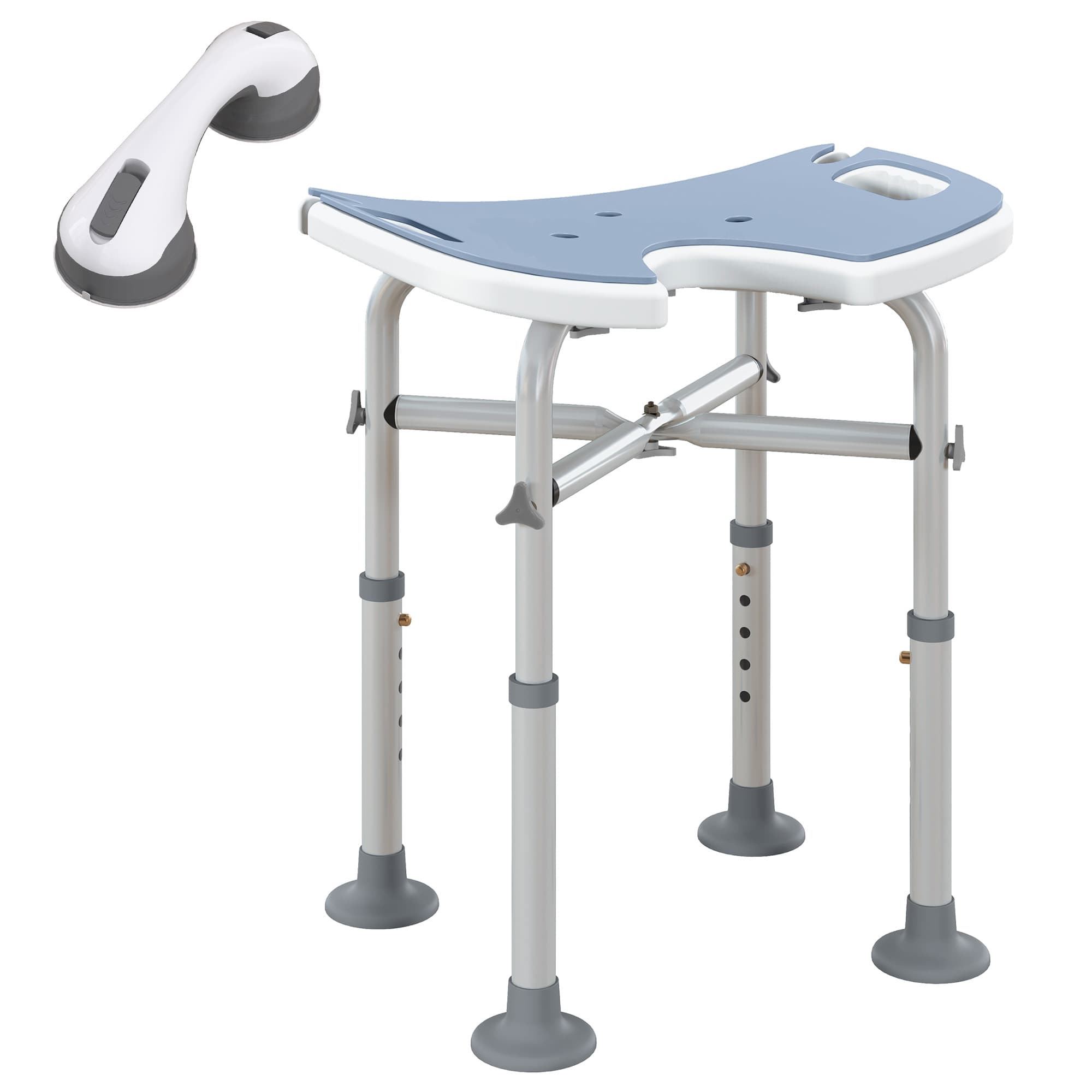 Height-Adjustable Shower Stool with Padded U-Seat - Light Blue