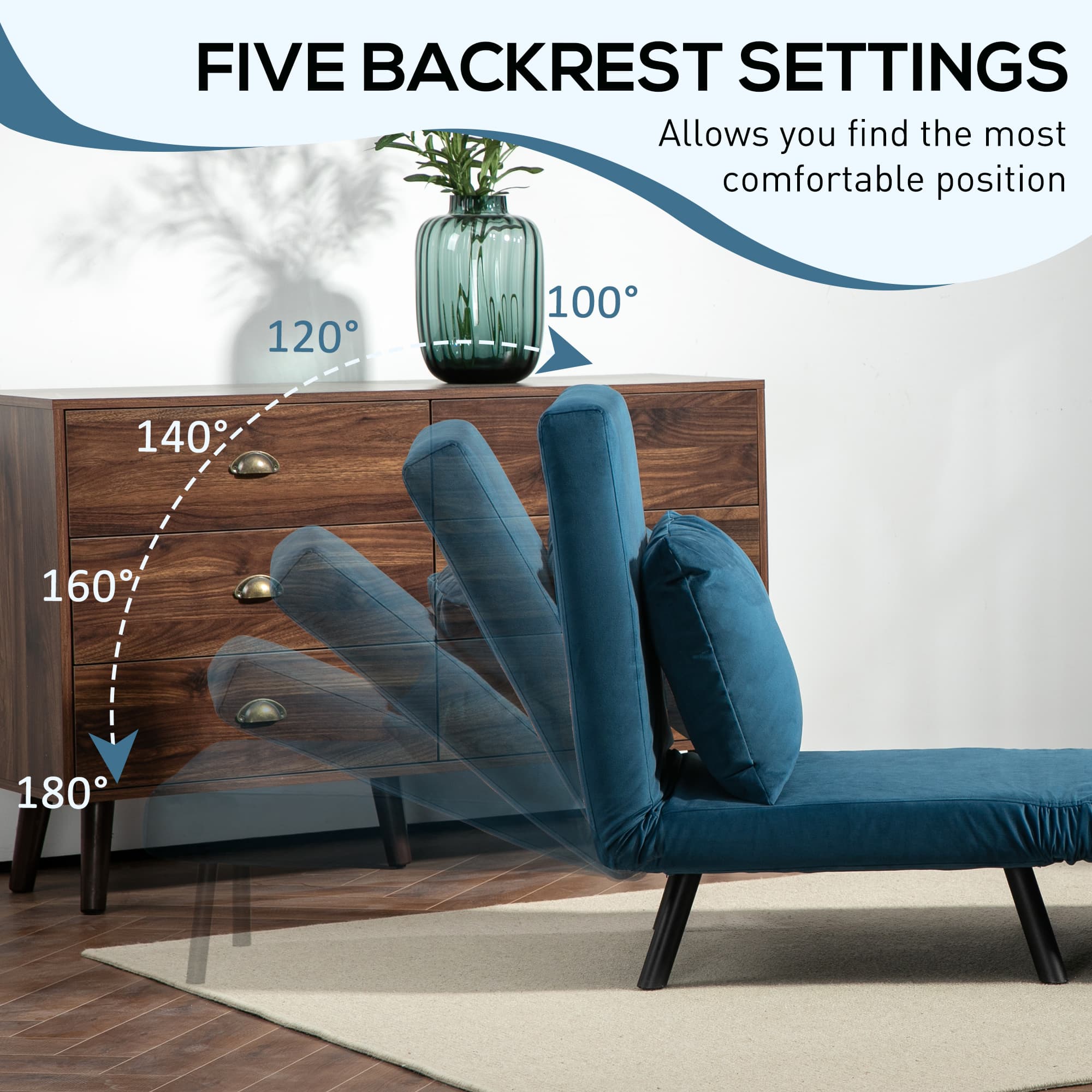 Folding Chair Bed with Five Reclining Positions — Teal Blue - image 2