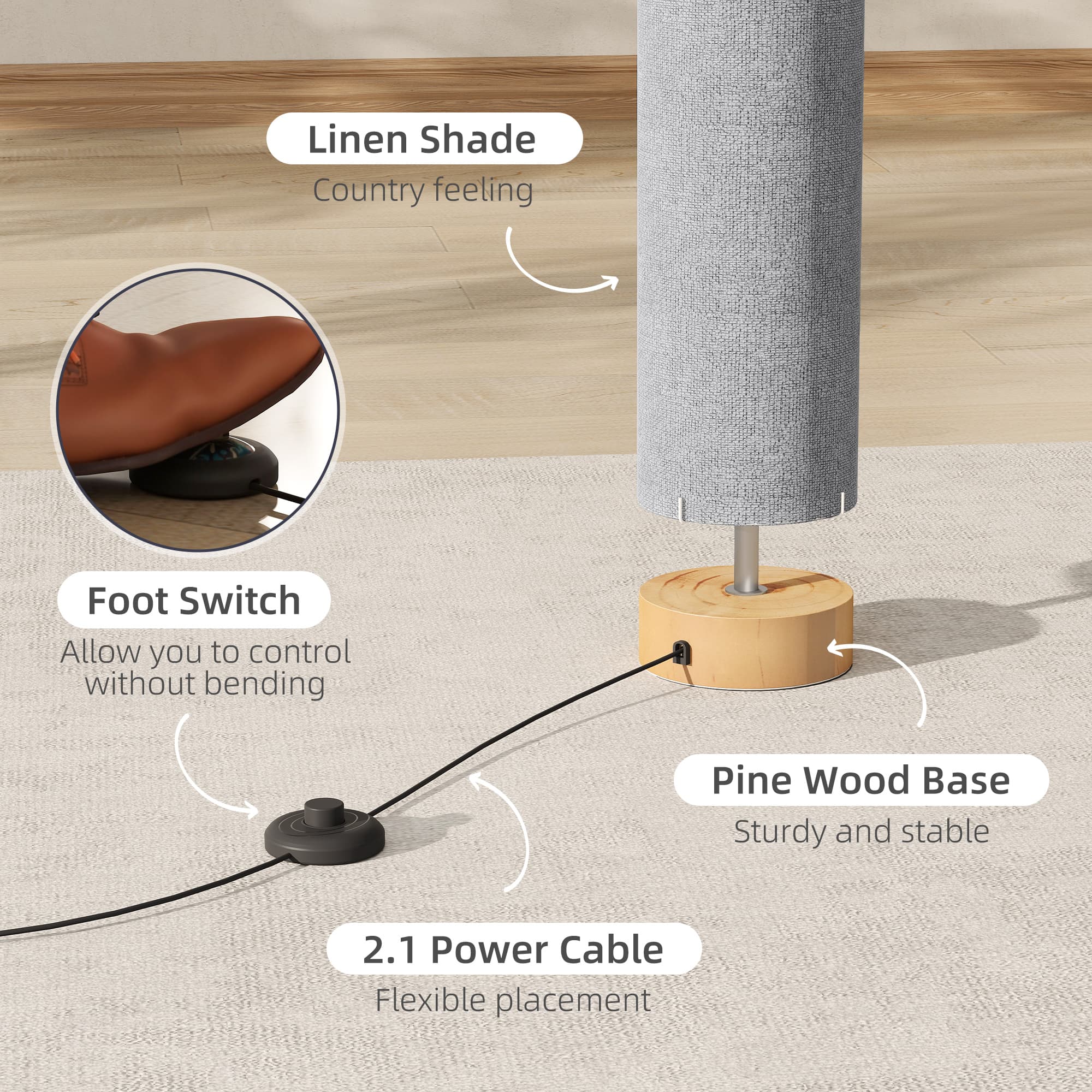 Slim Grey Floor Lamp with Linen Shade and Round Wooden Base - image 8