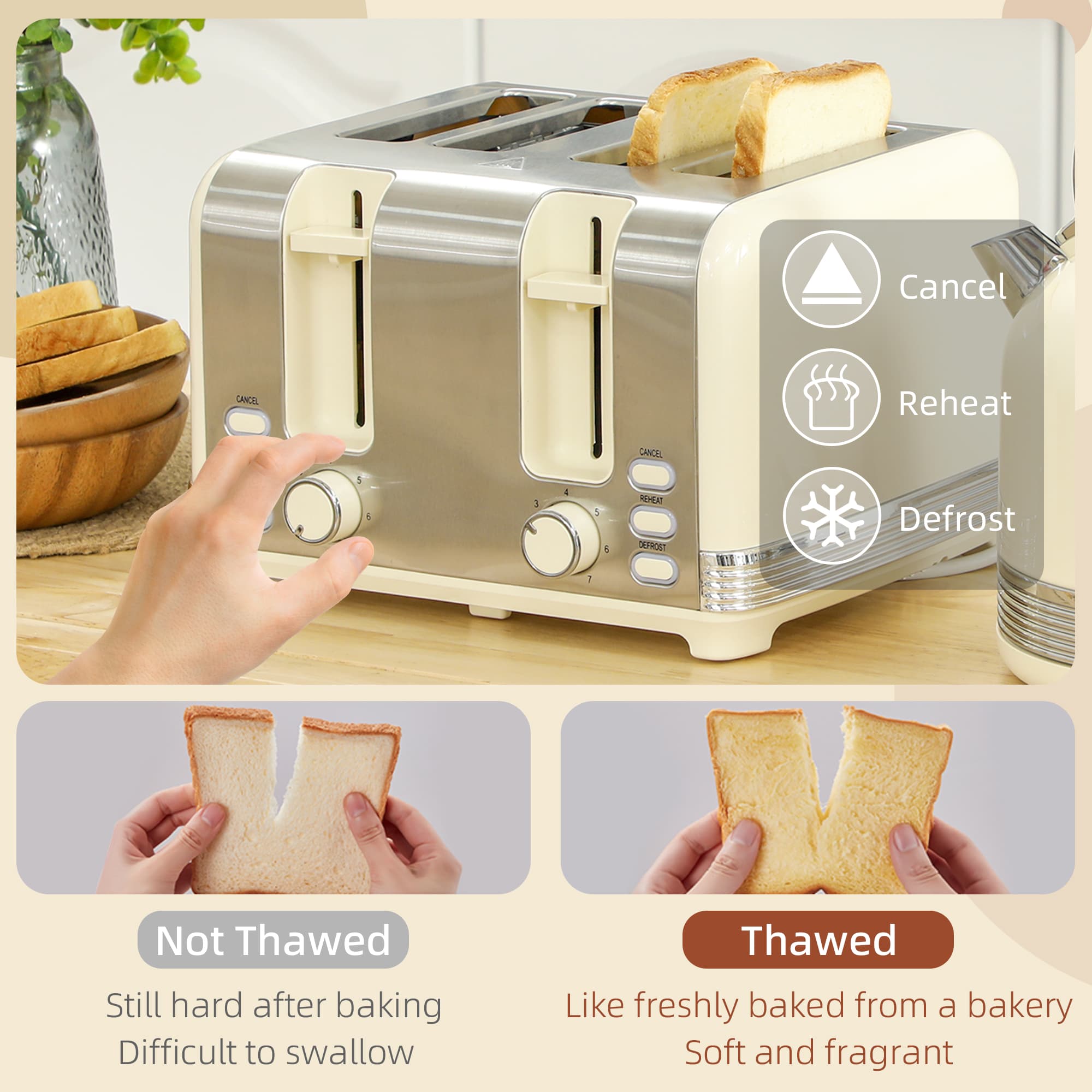 Cream Retro Kettle and 4-Slice Toaster Set with Chrome Finish - image 2