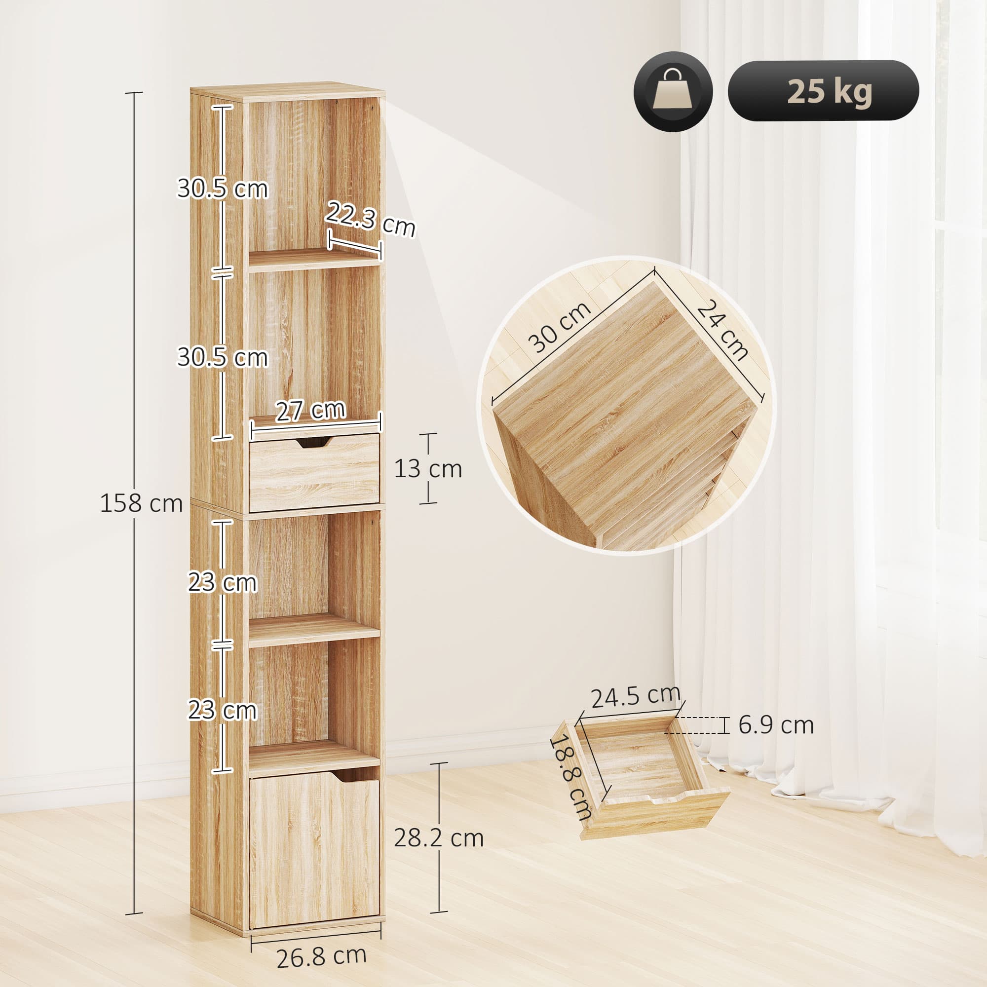 Tall Narrow Bookcase with Open Shelves, Drawer and Door – Natural Wood - image 10