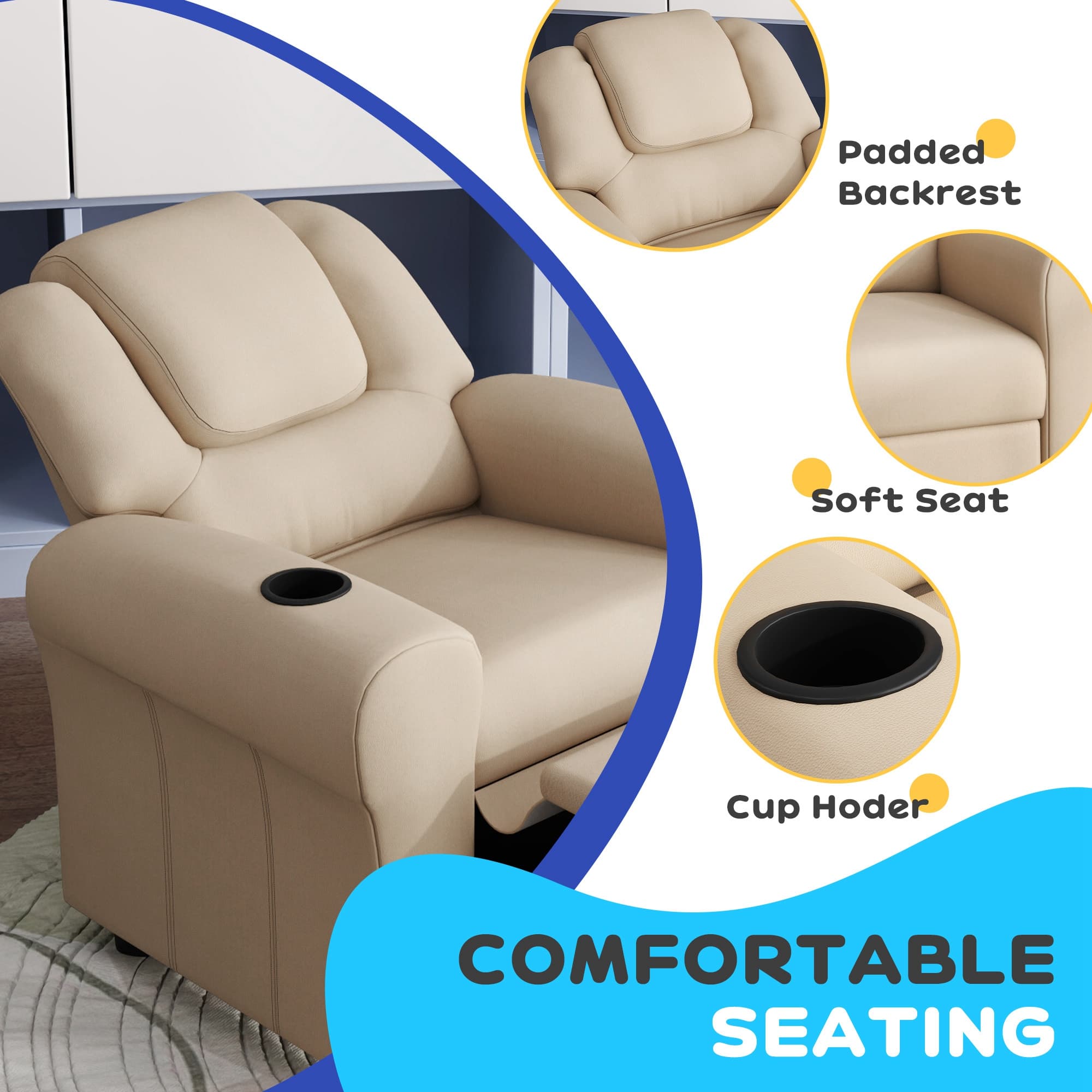 Children's Recliner Armchair with Cup Holder — Beige - image 5