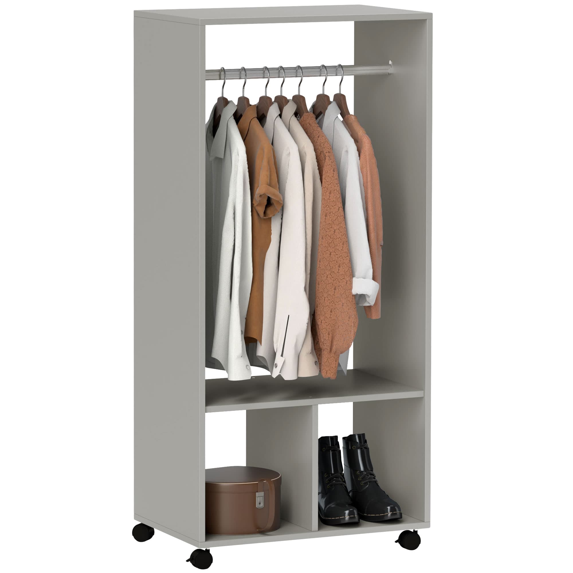 Open Wardrobe on Castors with Hanging Rail and Bottom Shelves - Grey