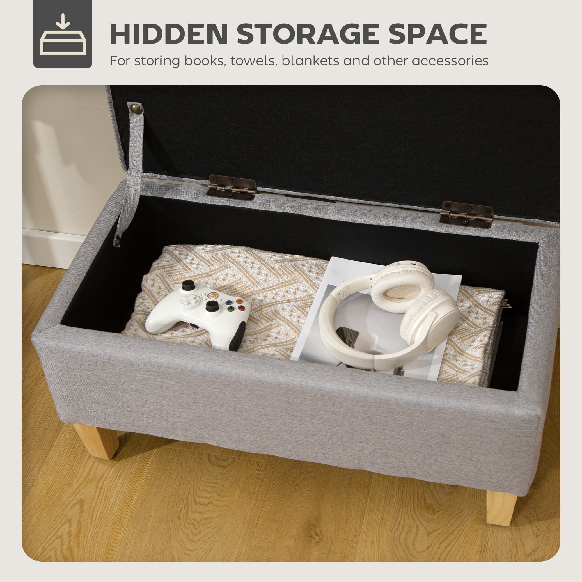 Light Grey Storage Ottoman with Foam-Padded Lid and Solid Wood Legs - image 2