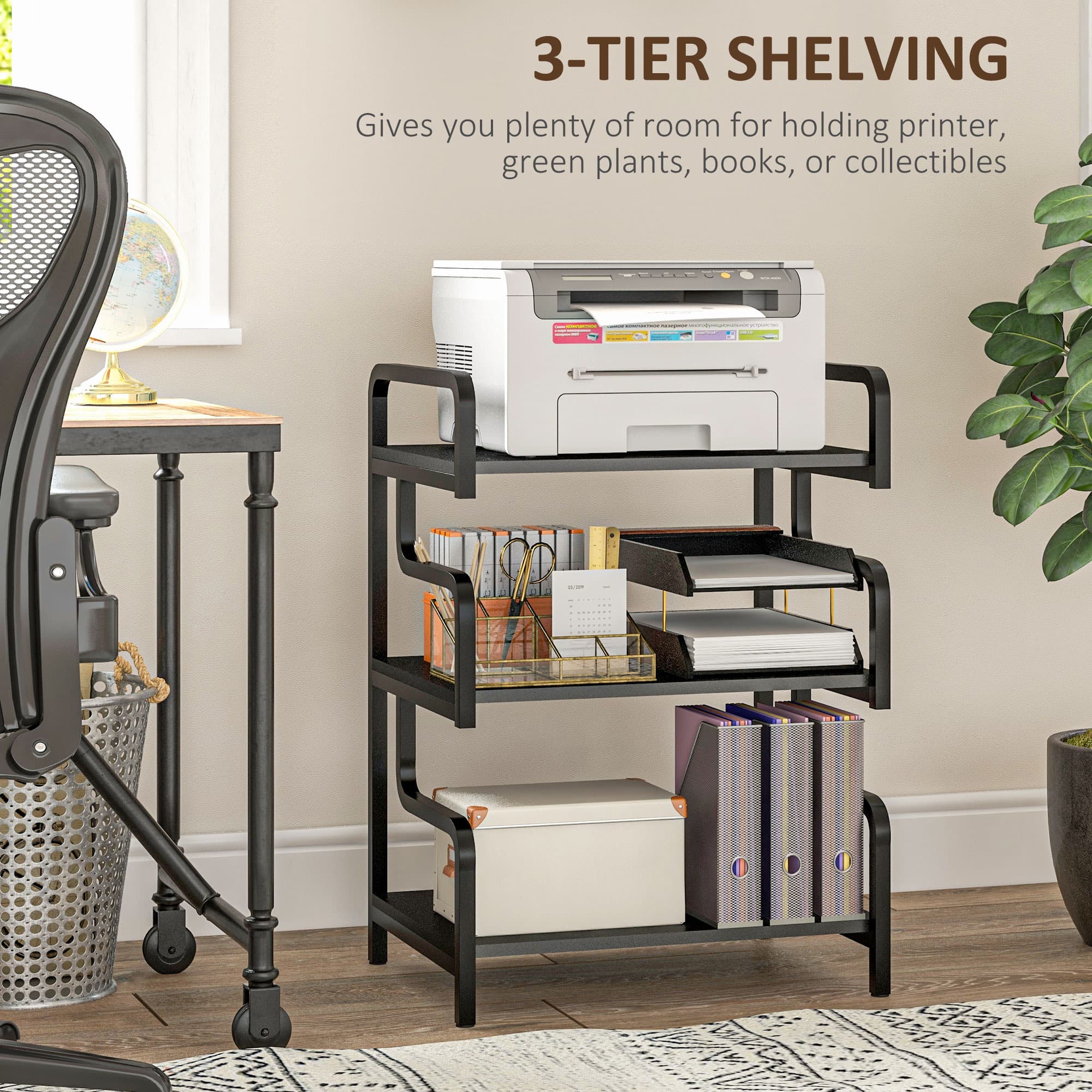 Three-Shelf Black Printer Stand with Waved Metal Frame - image 1