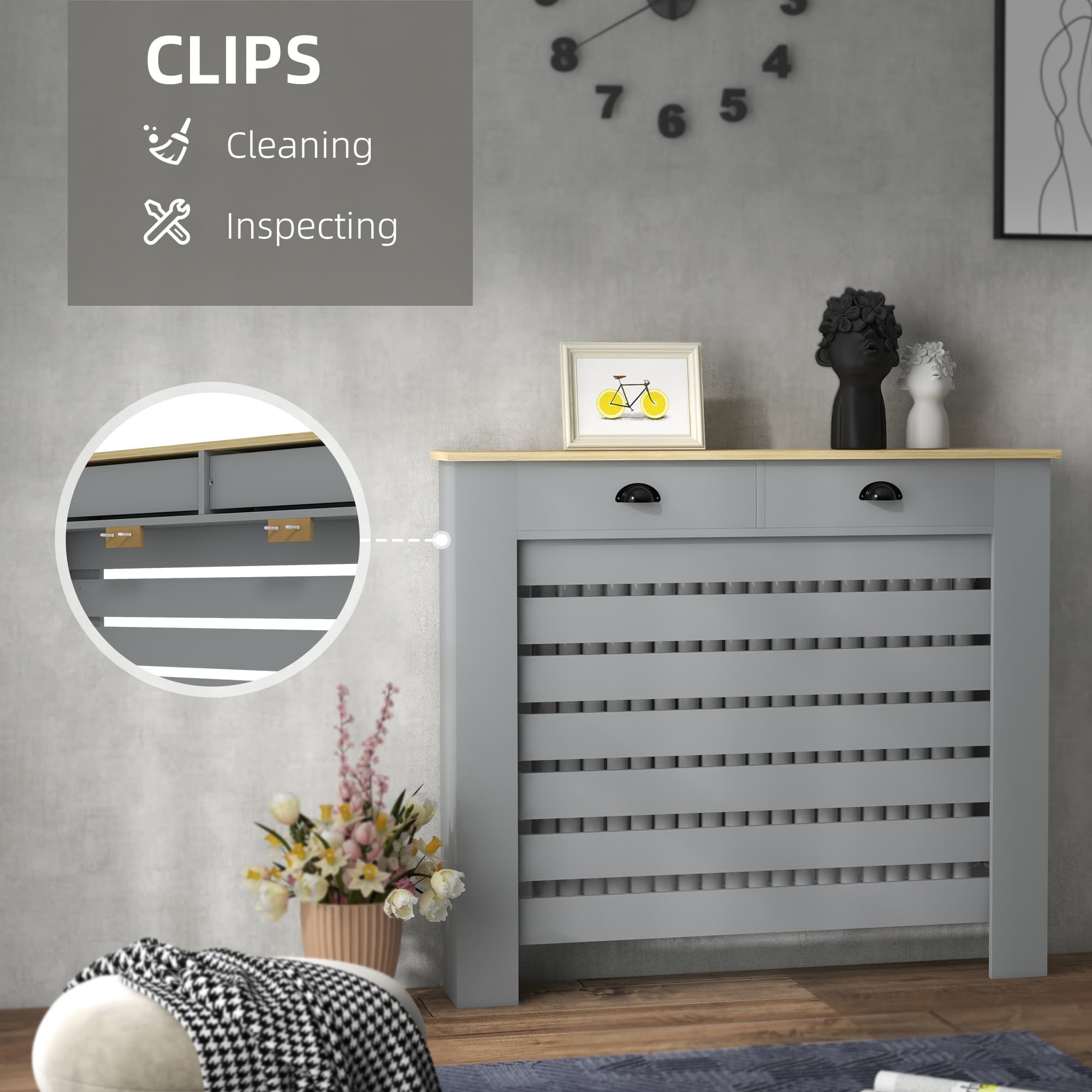 Slatted Radiator Cover with Two Drawers – Grey - image 3