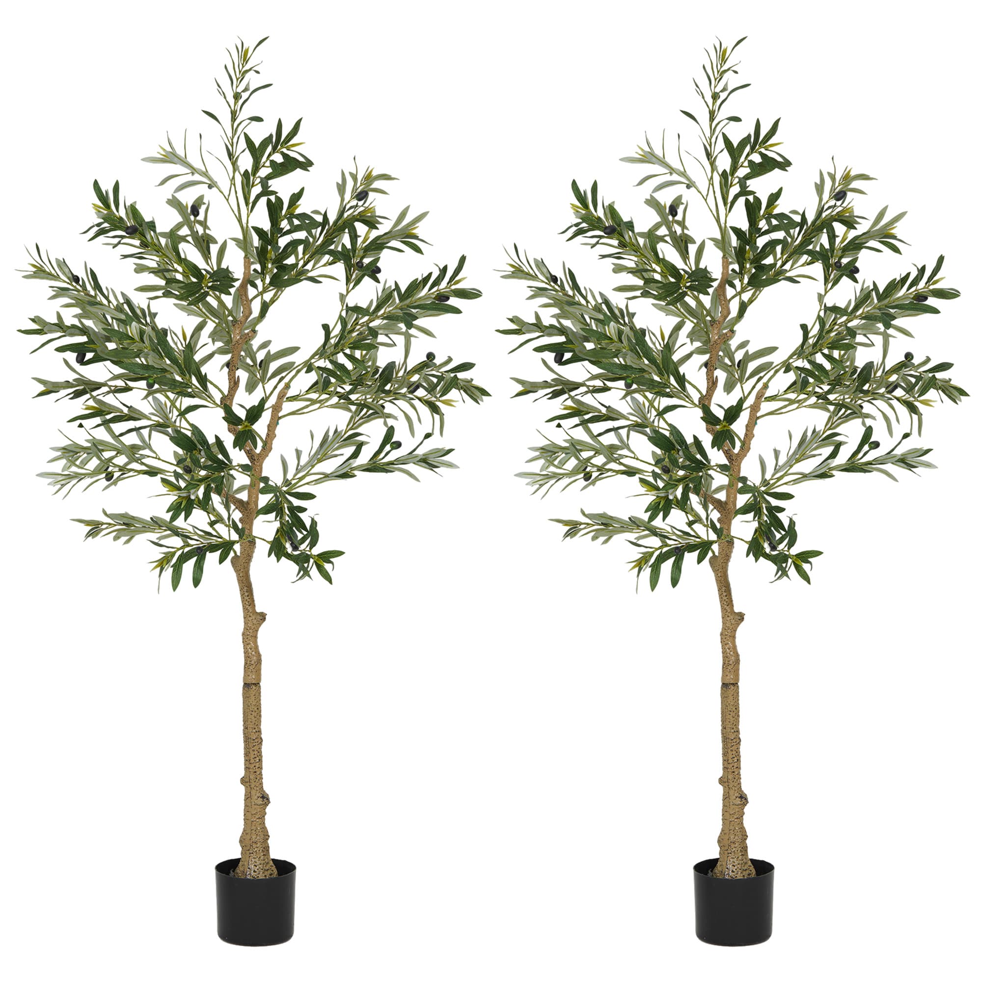 A pair of artificial olive trees with silk grey-green leaves in cement-weighted pots